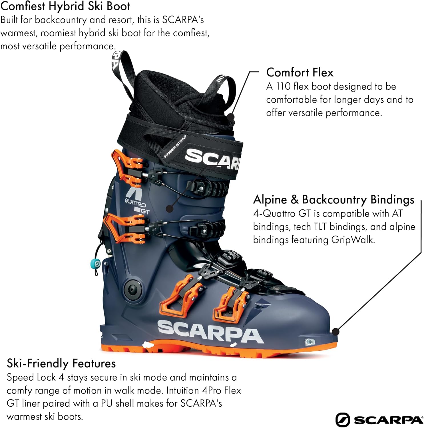 SCARPA Men's 4-Quattro GT 110 Flex Freeride Alpine Touring Hybrid Ski Boots with GripWalk for Backcountry & Downhill Skiing
