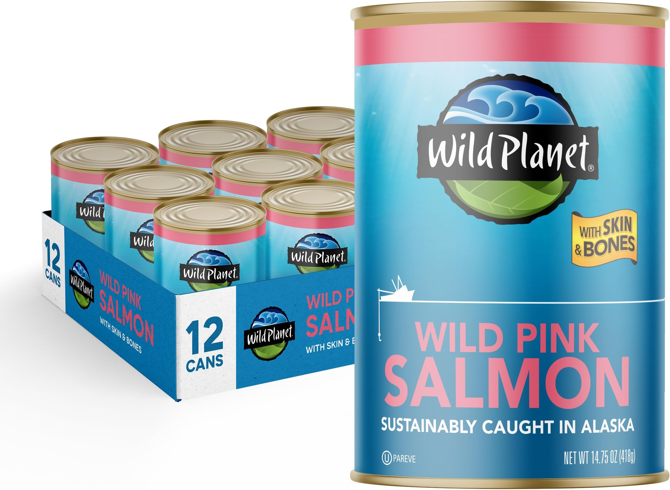 Wild Planet Wild Pink Salmon With Skin and Bones, Tinned Fish, Canned Salmon, Sustainably Wild-Caught, Non-GMO, Kosher, Gluten Free, Keto and Paleo, 14.75 Ounce (Pack of 12)