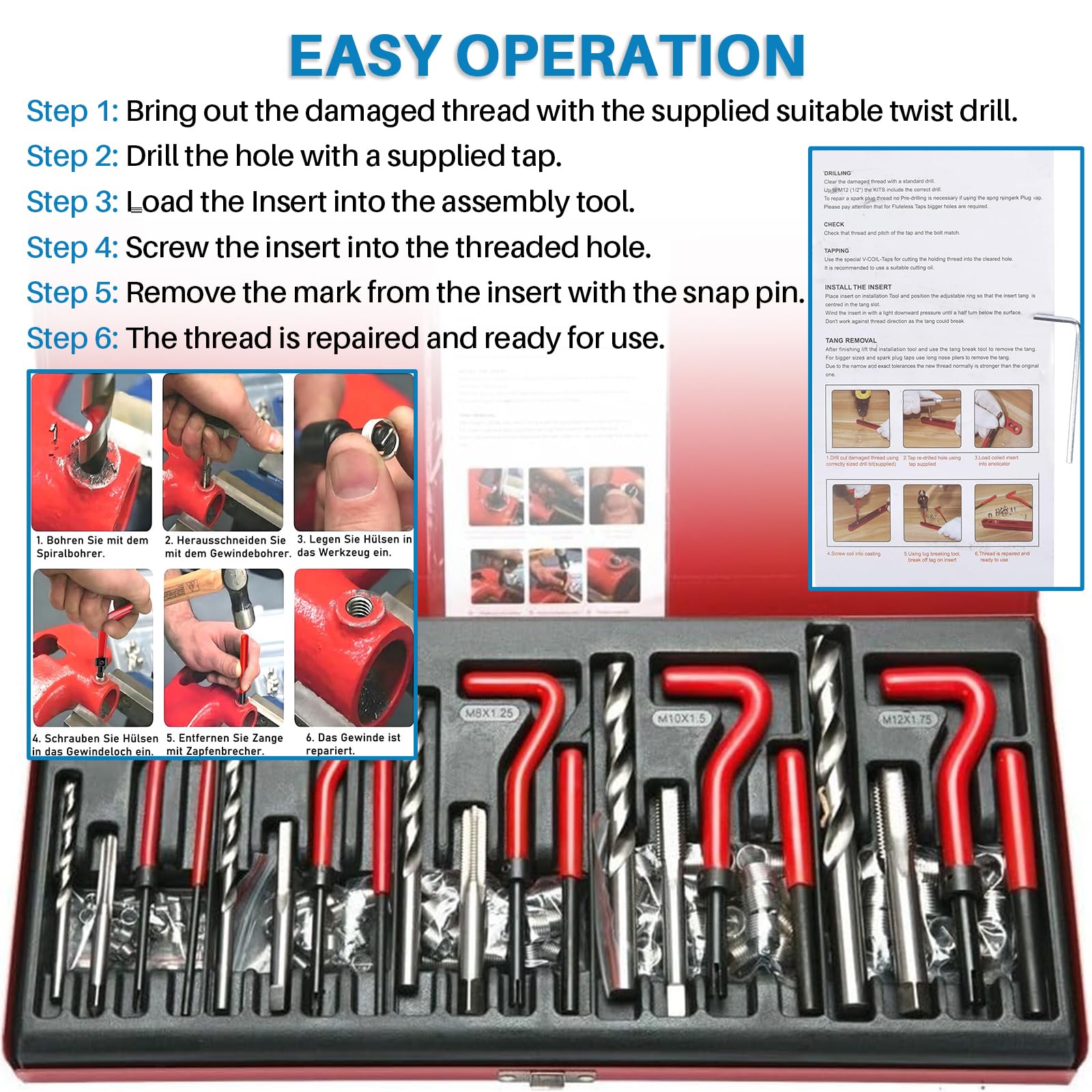 Set di riparazione filettatura, 131 pezzi, set di riparazione Helicoil, ricambio per M5 M6 M8 M10 M12