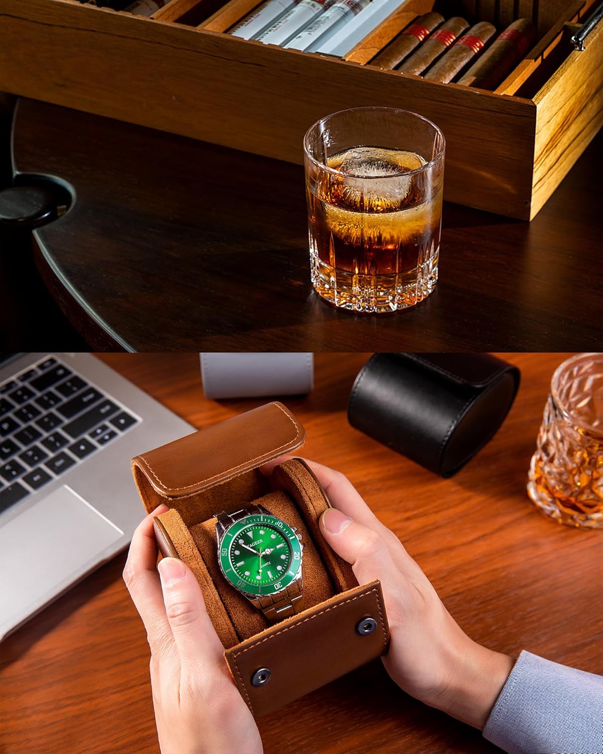 MR.OKAY Single Watch Travel Case-Classic Leather Watch Case With Superb Texture.Portable Watch Roll Or Organizer For Storage And Display. Best Travel Gift for Men,All Handcrafted By Artisans.