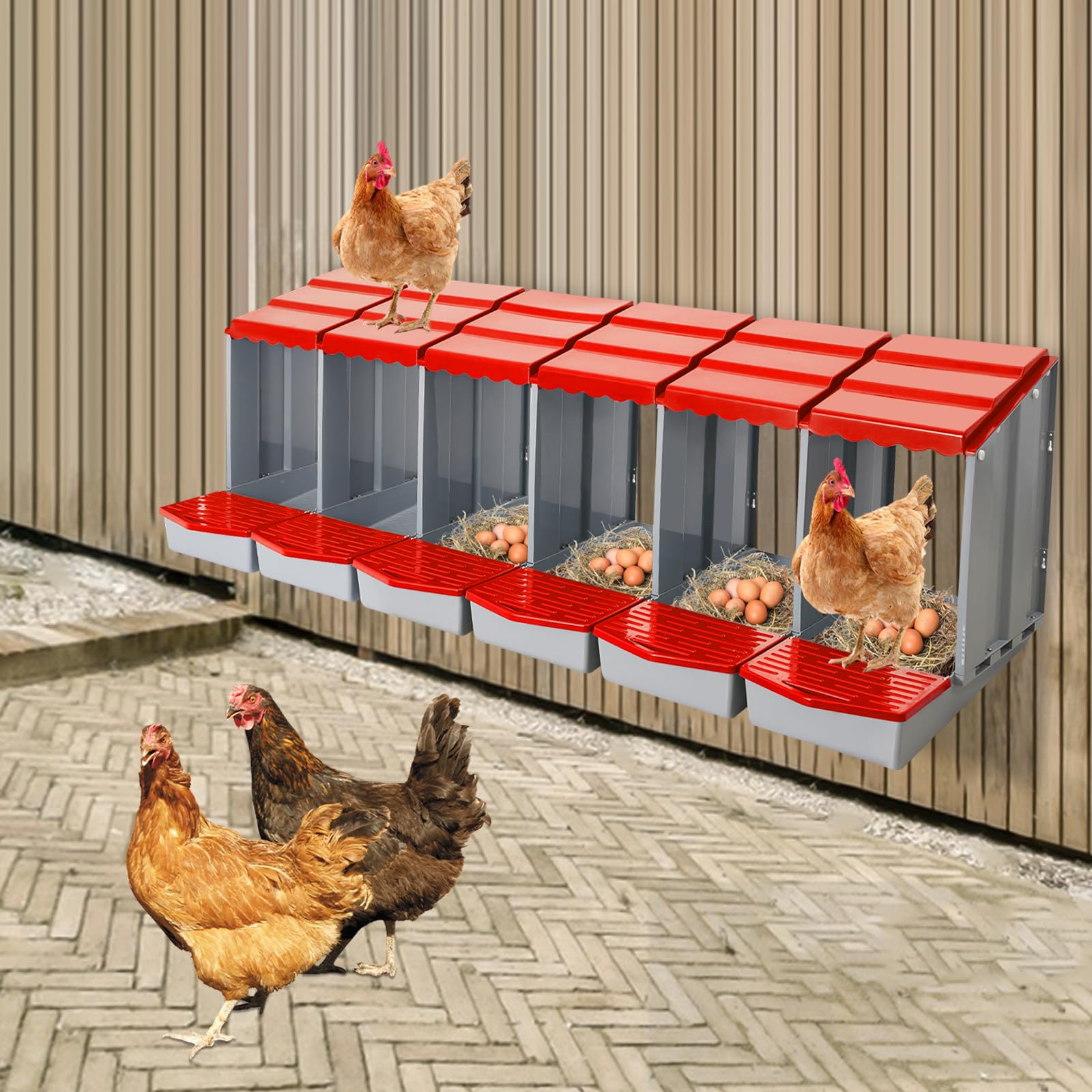 Nido de pollo con 6 compartimentos, de plástico, montaje en pared, para gallinas, patos, aves de corral, fácil limpieza (rojo)