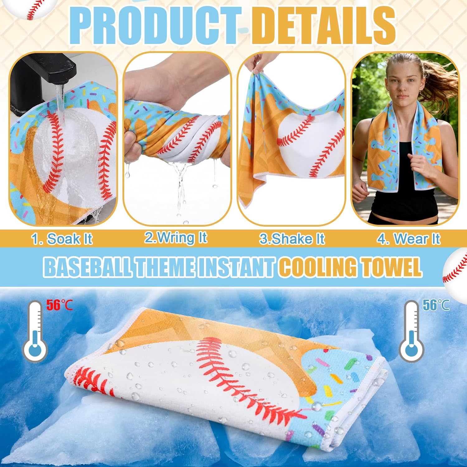 HunnmingRe 24 Pcs Mini Baseball Cooling Towels 30" x 9" Ice Cream Drip Cooling Towels Microfiber Breathable Sweat Sport Rags Chilly Wash Cloth for Yoga Gym Softball Soccer Golf Running Coach Team Gift