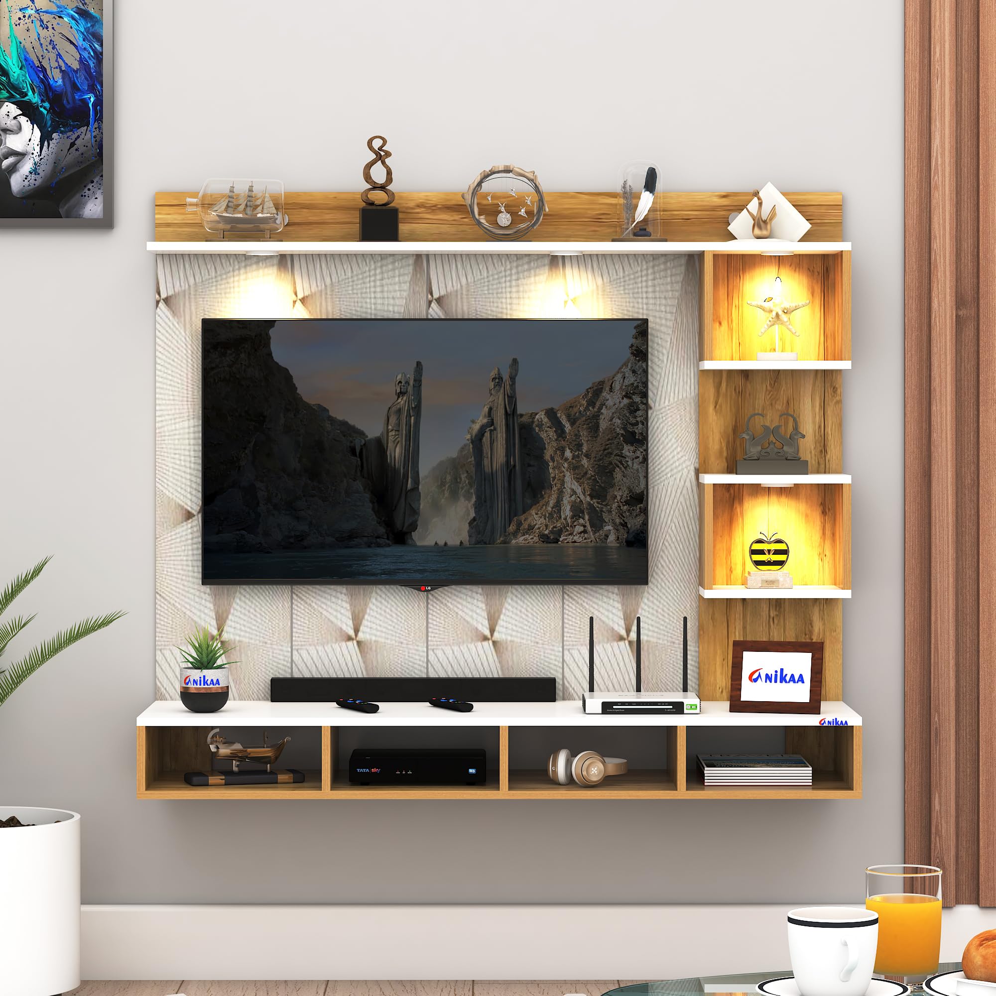 Anikaa Kirina Engineered Wood Wall-Mount TV Unit with PVC Back Panel & LED Lights | TV Cabinet with Storage Box & Decorative Shelves (Gaintwood/White) ? Ideal for TVs up to 40 Inch | DIY Installation-image-43