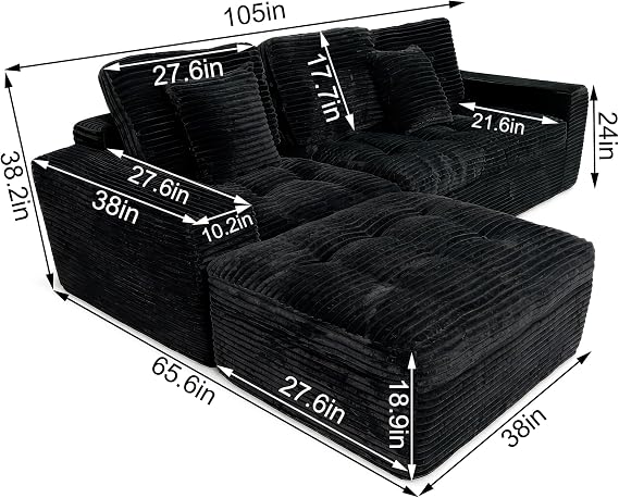 105 Sectional Couch with Ottoman, Modular Cloud Sofa L-Shaped Couch