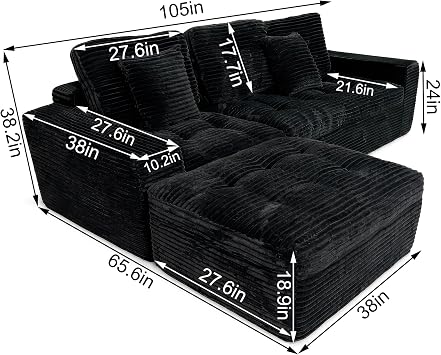 105 Sectional Couch with Ottoman, Modular Cloud Sofa L-Shaped Couch