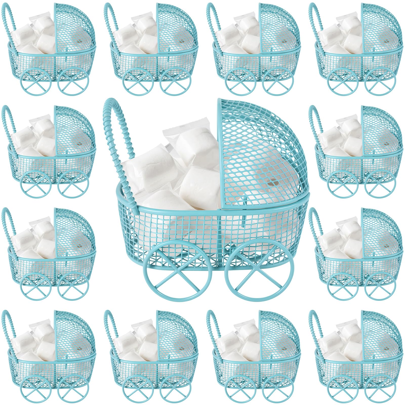 Threehoney 12 Pcs Baby Shower Mini Carriage Decoration Ocean Sea Animals Aqua Color Metal Wired Fillable Candy Stroller Baby Shower Table Centerpiece for Guest Gender Reveal Wedding Party Favor Gift