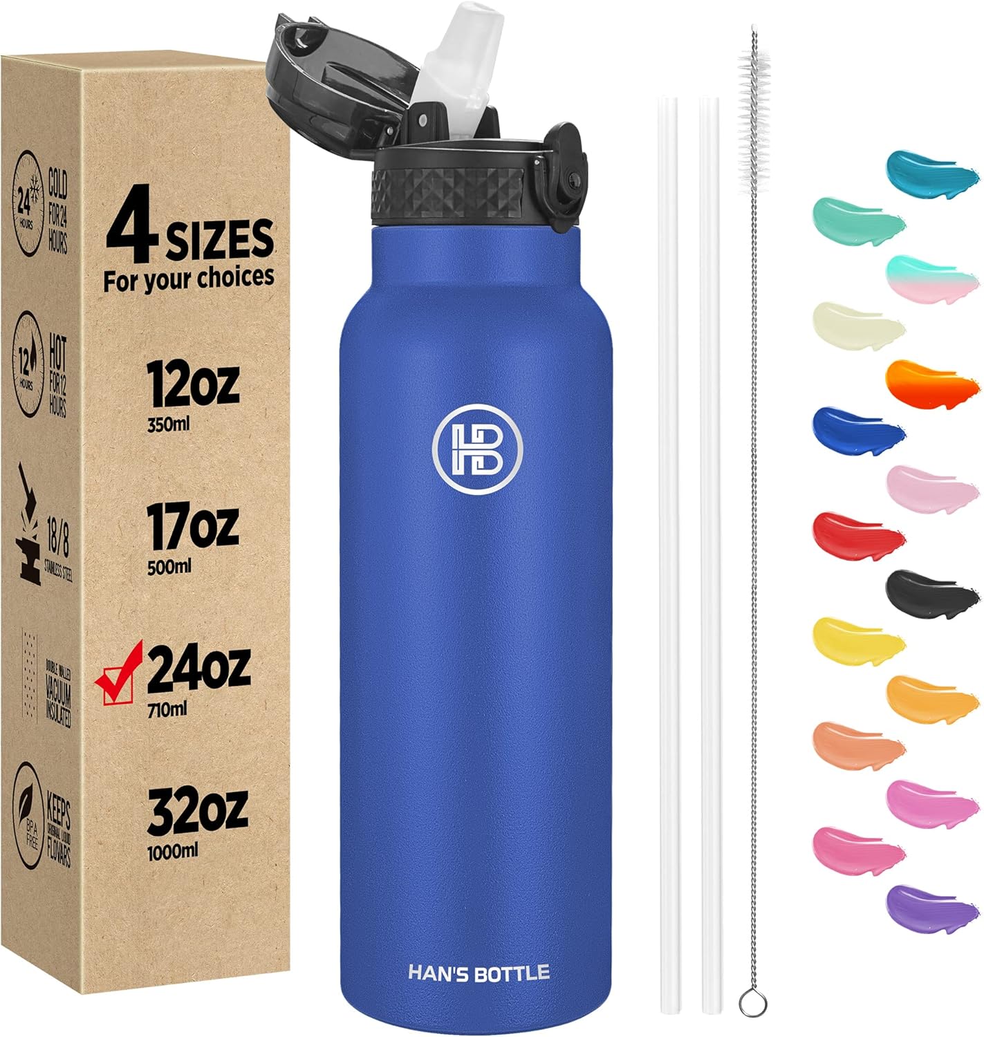 Han's Bottle Sports Water Bottle - 24 Oz, Straw Lid, Leak Proof, Vacuum Insulated Stainless Steel, Double Walled, Thermo Mug,Navy Blue