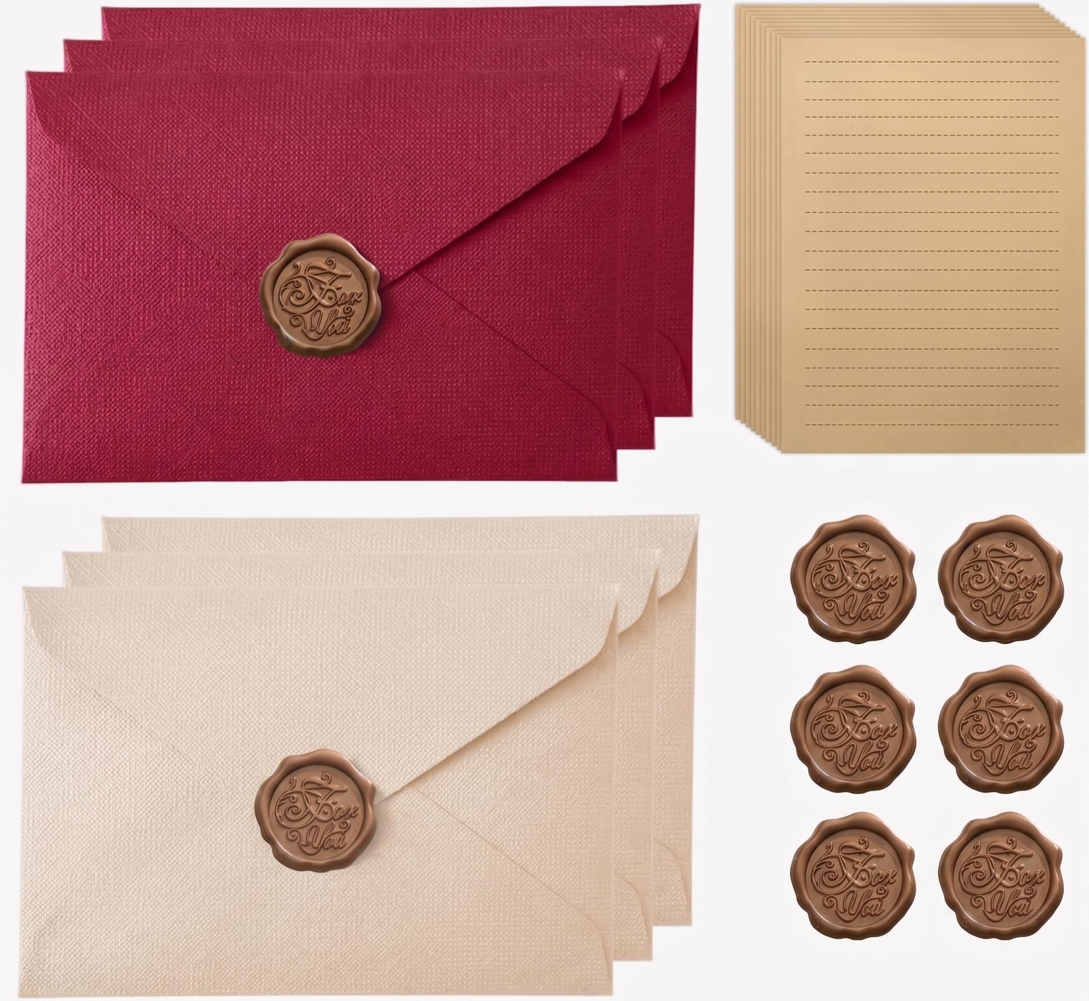 Vintage Letter Paper and Envelopes Set, 6 Envelopes A5 10 Writing Paper Kraft Sheets with 6 Wax Seal Stickers, for Wedding Birthday Love Letters & Greeting Cards (Dark red+Off White)
