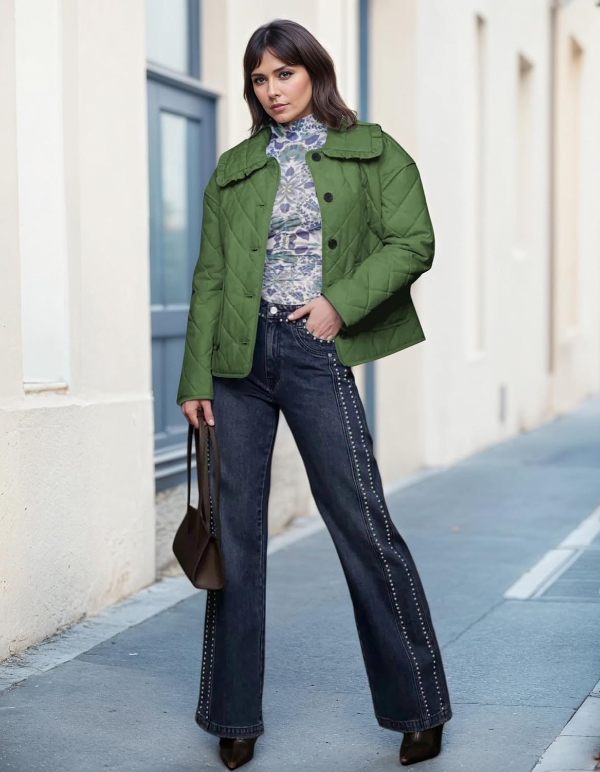 Women's Ruffle Collar Quilted Lightweight Puffer Jacket Long Sleeve Casual Cardigan Padded Coat for Autumn Winter - Image 3