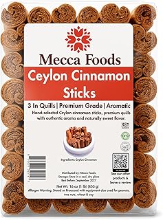 Ceylon Cinnamon Sticks – 1LB | True Cinnamon Quills (Canela en Rama) – Pure & Sweet | Non-GMO, Premium Grade, Fresh from Sri Lanka by Mecca Foods (3 Inch Sticks)