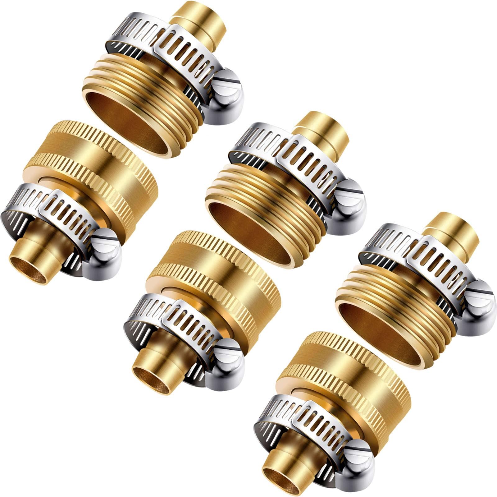 3 Sets 1/2 Inch Brass Garden  Hose   Repair  Kit Mender End Water  Hose  End Mender Female and Male  Hose  Connector with 6 Pieces Stainless Steel Clamp