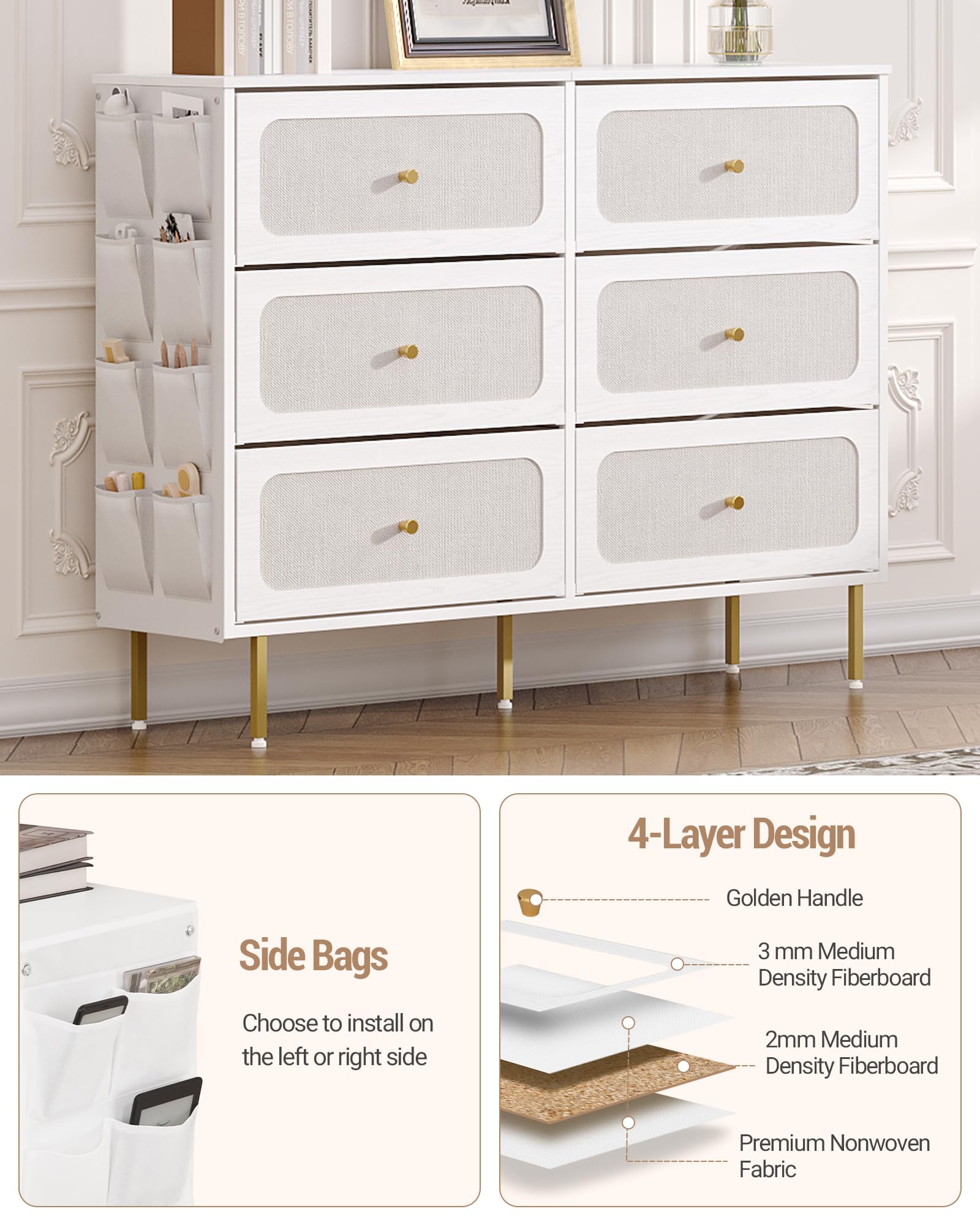 Hzuaneri Commode 110cm, Armoire avec 6 Tiroirs en Tissu, Meuble de Rangement, Cadre en Métal, 30 x 110 x 85 cm, pour Le Salon et la Chambre, Style Moderne, Blanc-Or DU25813AW