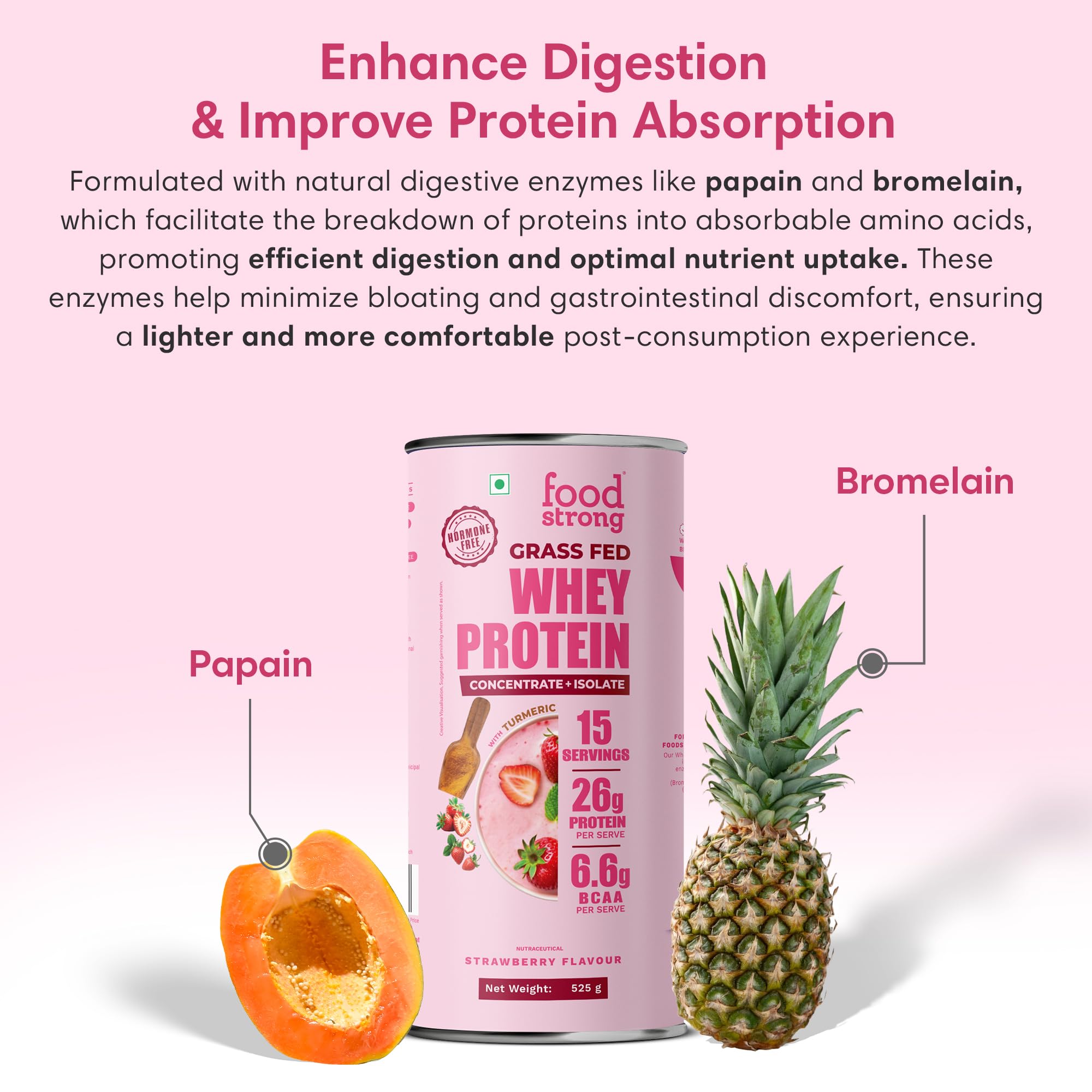 Foodstrong Whey Protein Powder (Concentrate + Isolate), 100% Hormone Free Grass-Fed Whey, 26G Protein & 6.6G BCAA, Strawberry, With Turmeric & Digestive Enzymes, (15 Sachets), 525G 2
