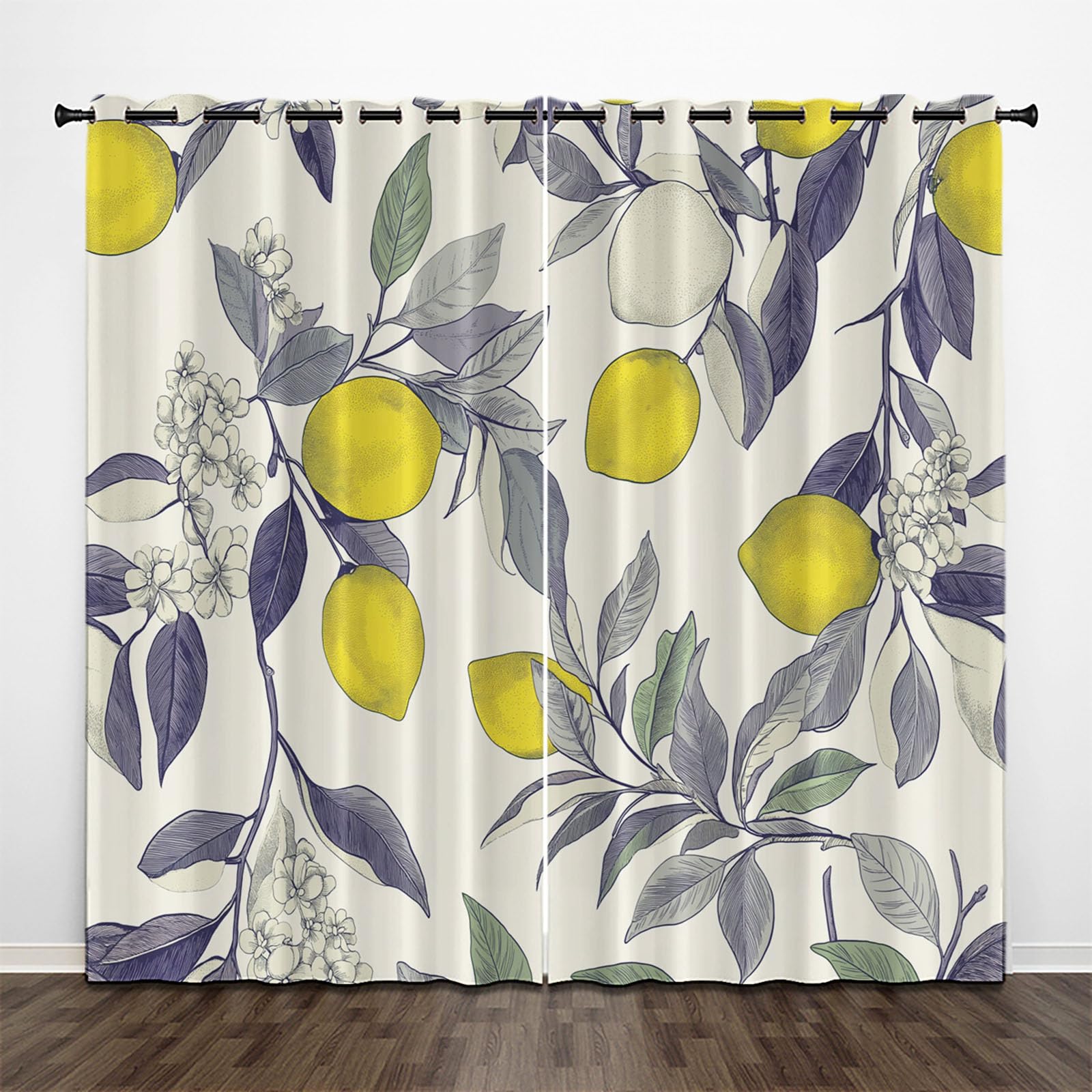 CEDNXOER Beige Blackout Curtains for Bedroom, 90 Inch Drop Yellow Fruit Eyelet Thermal Curtain & Drapes 66x90 Inch Lemon Tree Branch Blackout Curtains for Window Treatment Living Room