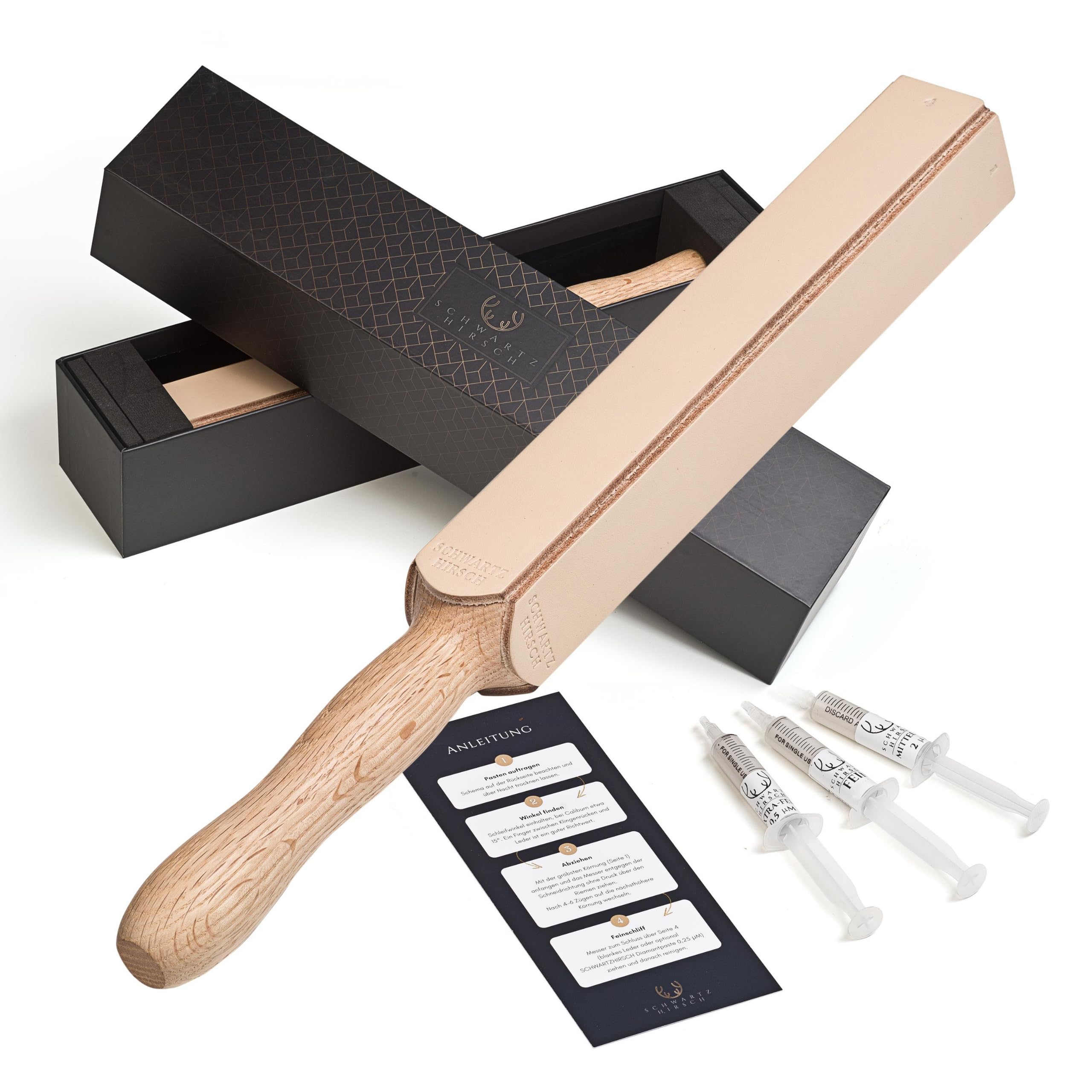 Gipfelglätter – Der 4-seitige Streichriemen aus einem Stück Eiche mit Diamantpasten im Set (Abziehleder, ergonomischer Griff, Geschenkverpackung)
