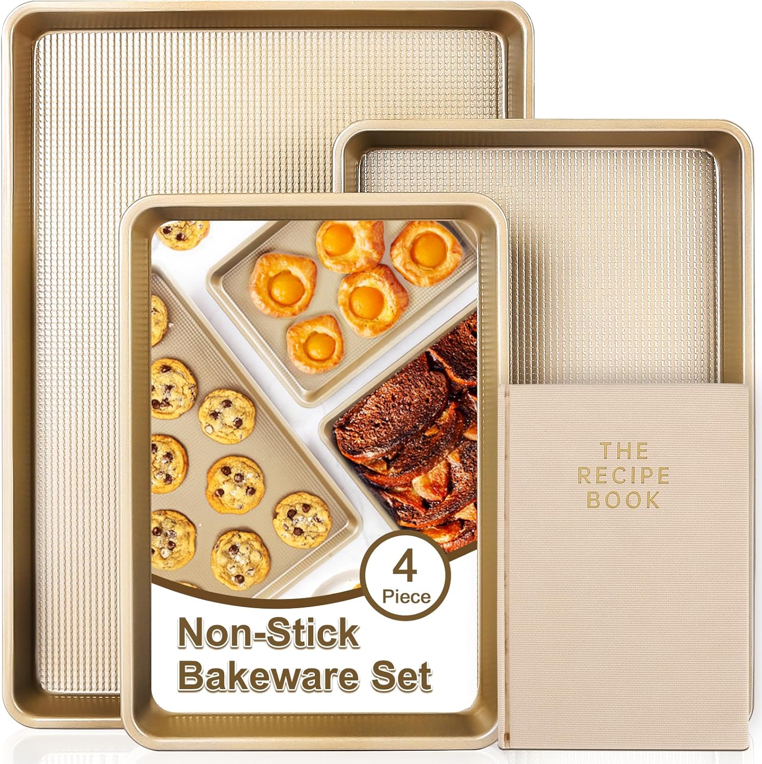 4Pcs Bakeware Set | 3 Baking Sheets and 1 Recipe Notebook Combo | Nonstick Cookie Sheets for Baking Supplies | No Rust & No Toxic Heavy Duty 3 Baking Trays 18''+15''+13'' & 1 Blank Recipe Book