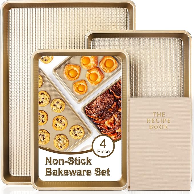 Baking Sheet Pan Set of 3 | Nonstick Cookie Sheets for Baking Supplies | No Rust & No Toxic Carbon Steel Half Sheet Pan+Jelly Roll Pan+Quarter Sheet Pan Set | Heavy Duty Baking Tray for Oven