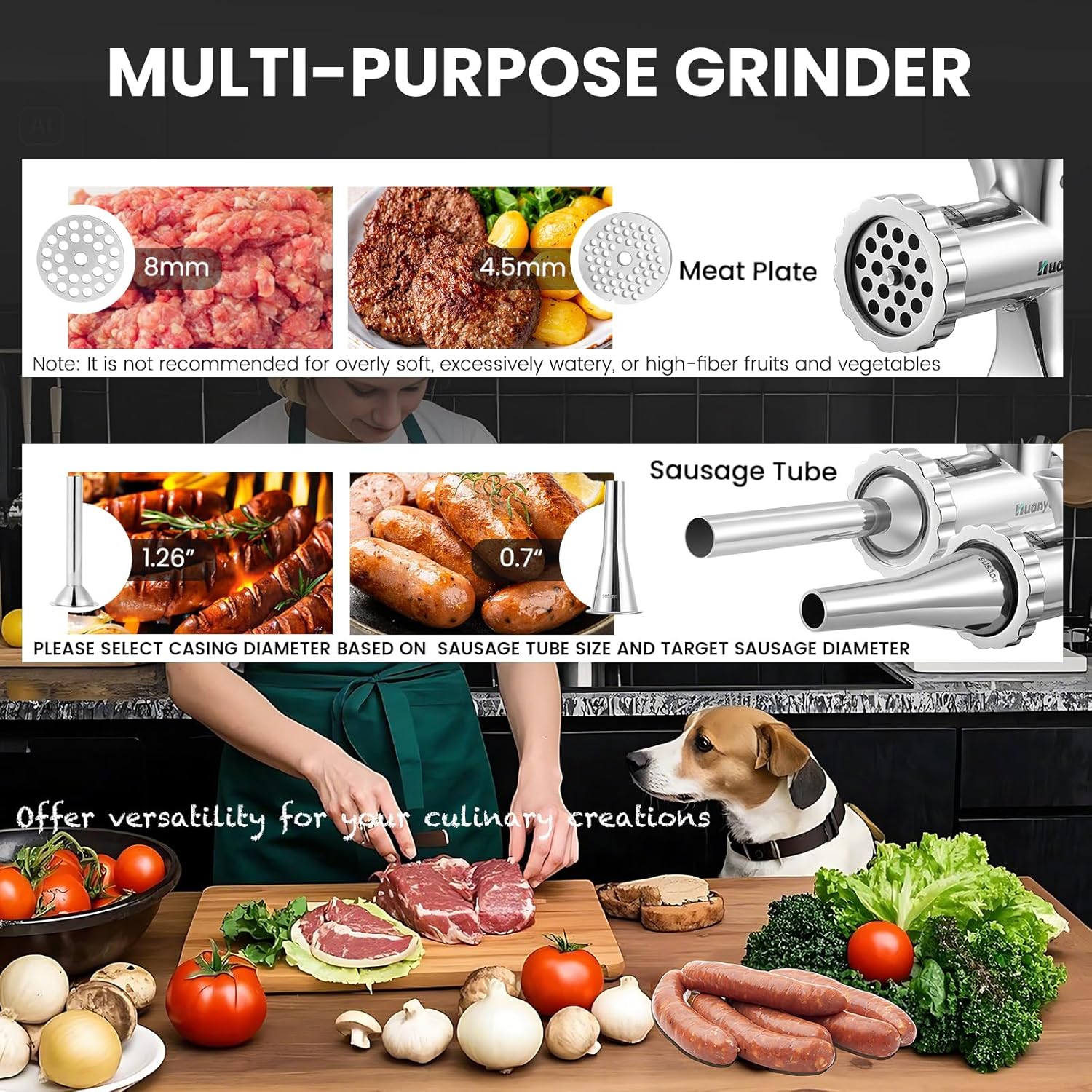 Huanyu Manual Meat Grinder with 2 Stainless Steel Sausage Stuffer Filler Hand Crank Mincer Meats Processor Grinding Machine Ground Chopper Home Use for Beef Chicken Rack chili etc. Dishwasher Safe