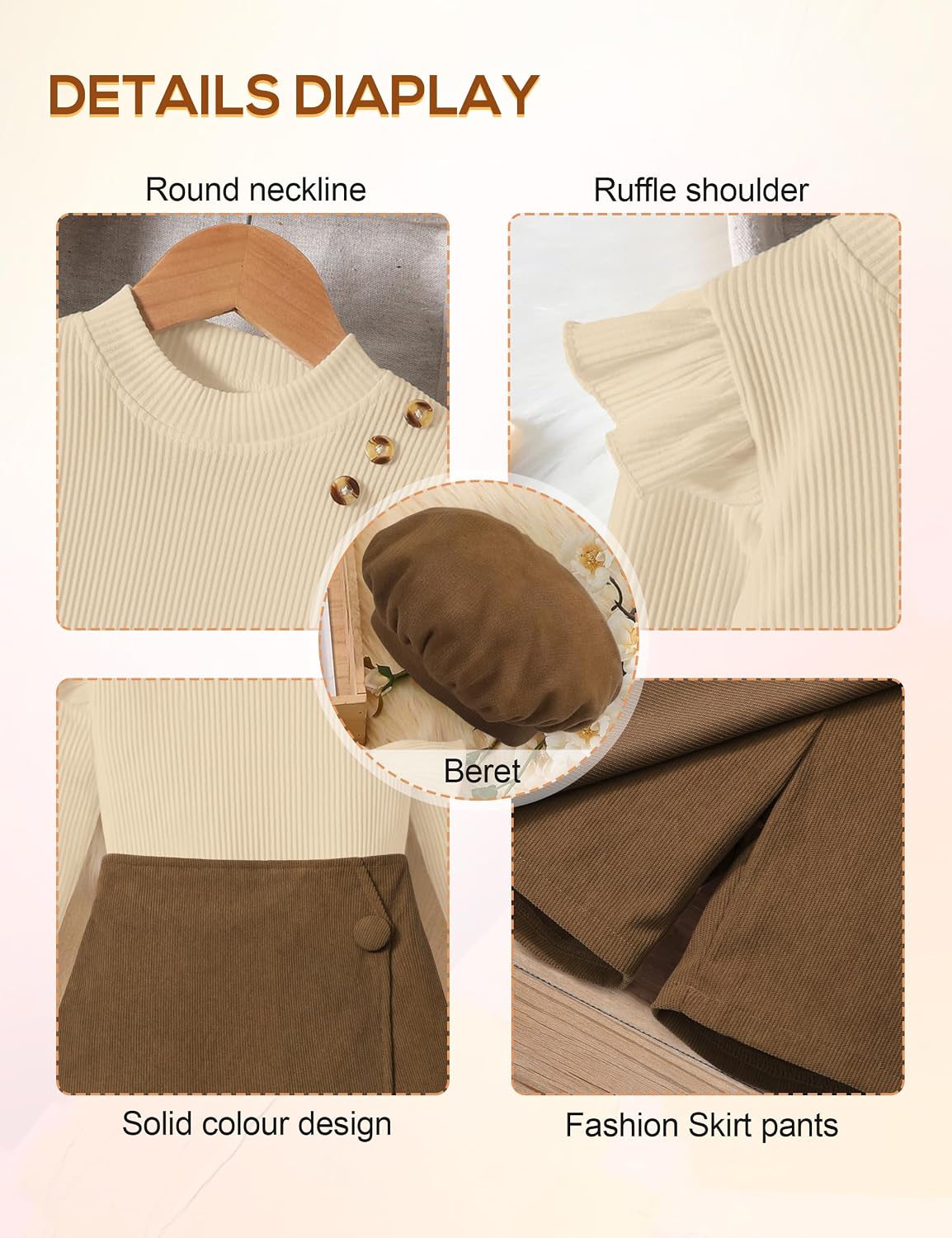 MIGU Girls Clothes Ruffle Long Sleeve Round Neck Button Top Skirt Short Beret Fall Outfit 3 Piece Skirt Set