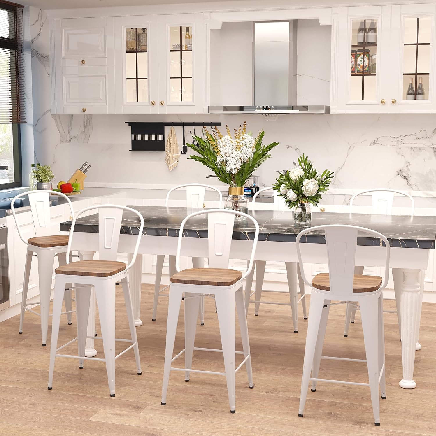 Aklaus 26" Bar Stools Set of 4,Counter Height Bar Stools with Larger Seat,Bar Stools with Back,Metal Bar Stools with Removable Back,Farmhouse Bar Stools,High Back Kitchen Bar Stools Chair Cream : Home & Kitchen