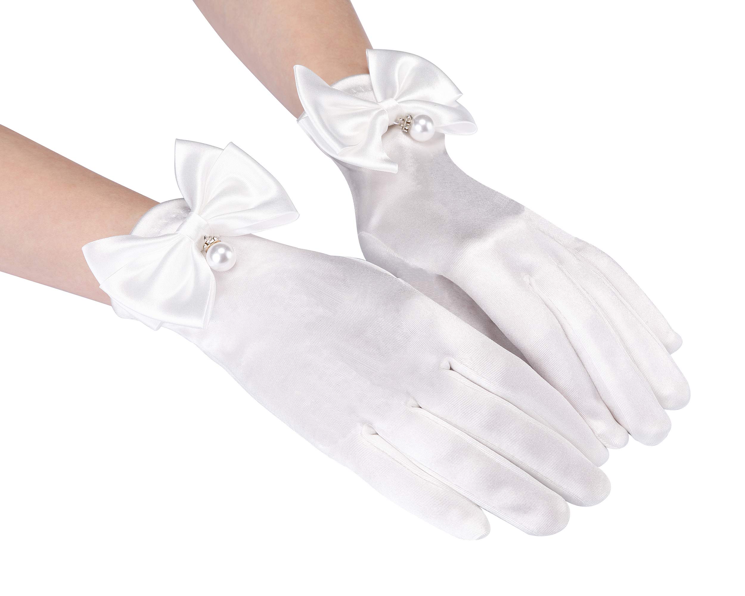 CHIC DIARYWomen's Satin Gloves Adult Opera Wrist Gloves Stretchy Bridal Gloves for Wedding 1920s Flapper Party (White)