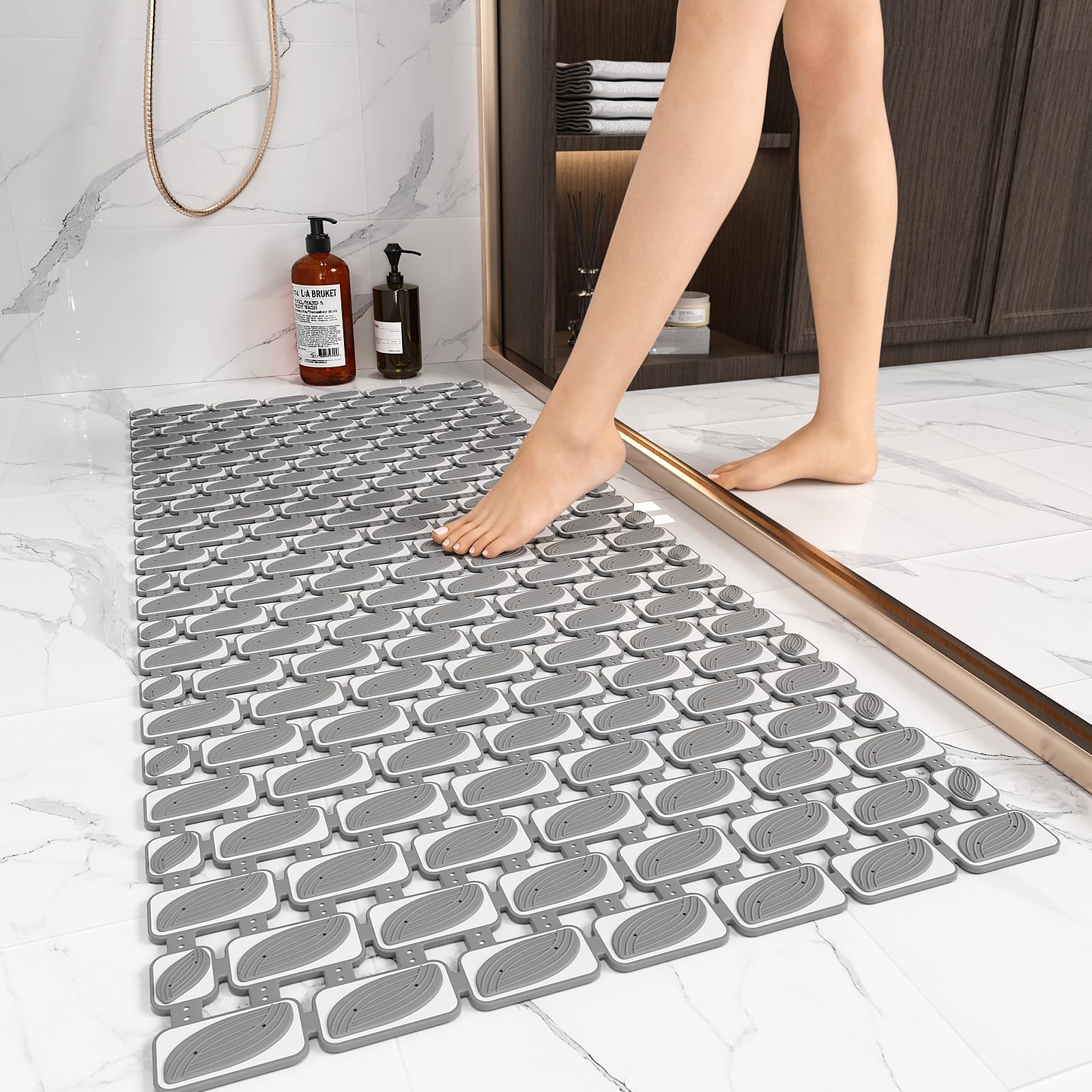 XIYUNTE Shower Mat Bathtub Mat Non Slip, 36''x16'' Soft and Comfortable Anti Slip Shower Mat, Eco-Friendly TPE+PP Shower Non Slip Mat with Powerful
