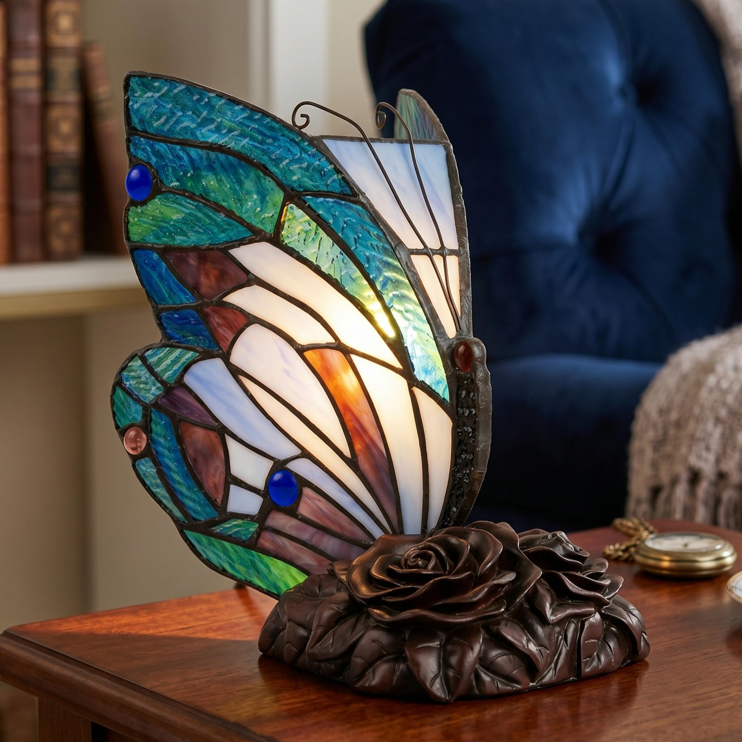 Lavish Home Tiffany Style Butterfly Lamp - Stained Glass Table or Desk Light LED Bulb - Colorful Vintage Look Butterfly Decor