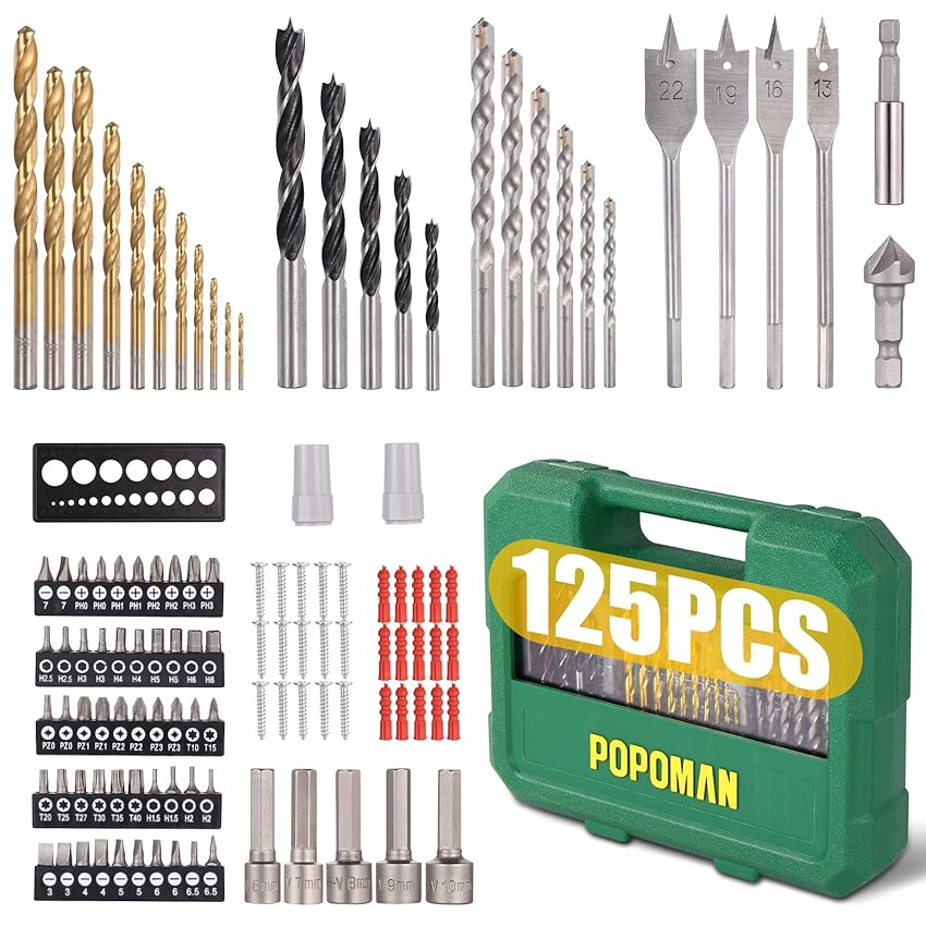 Immagine del prodotto Set di Punte per Trapano 125 Pezzi, POPOMAN Punte Trapano - include 11x Punte Metallo, 6x Punte per Parete, 5x Punte per Legno Normali e 4x Piatte, 5x Bussolotti, 59x Accessori per Avvitare MTH400