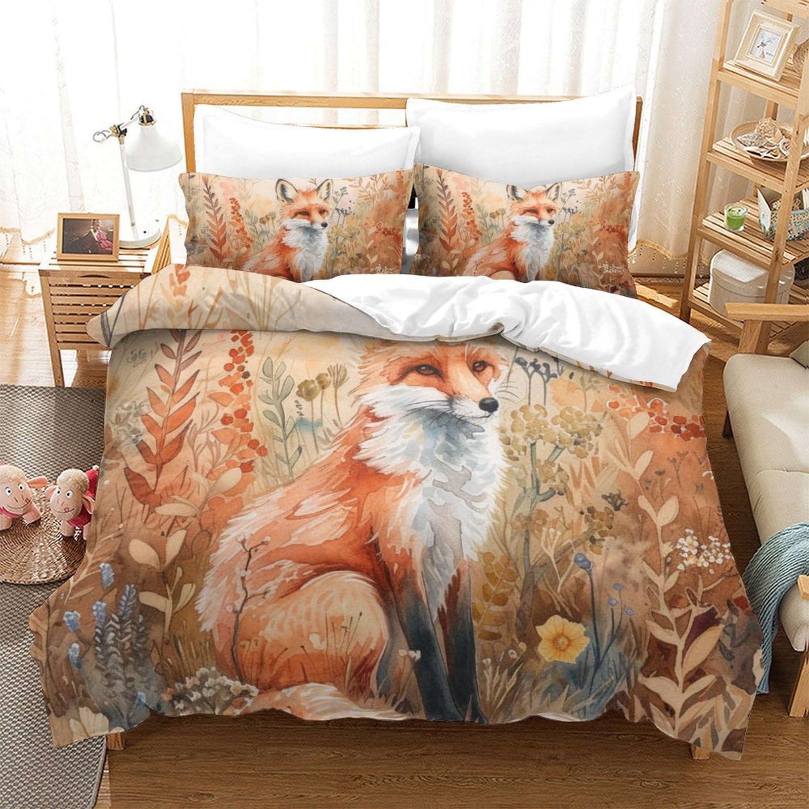 Housse de couette 3 pièces renard de la jungle linge de lit imprimé 3D microfibre 260x220cm
