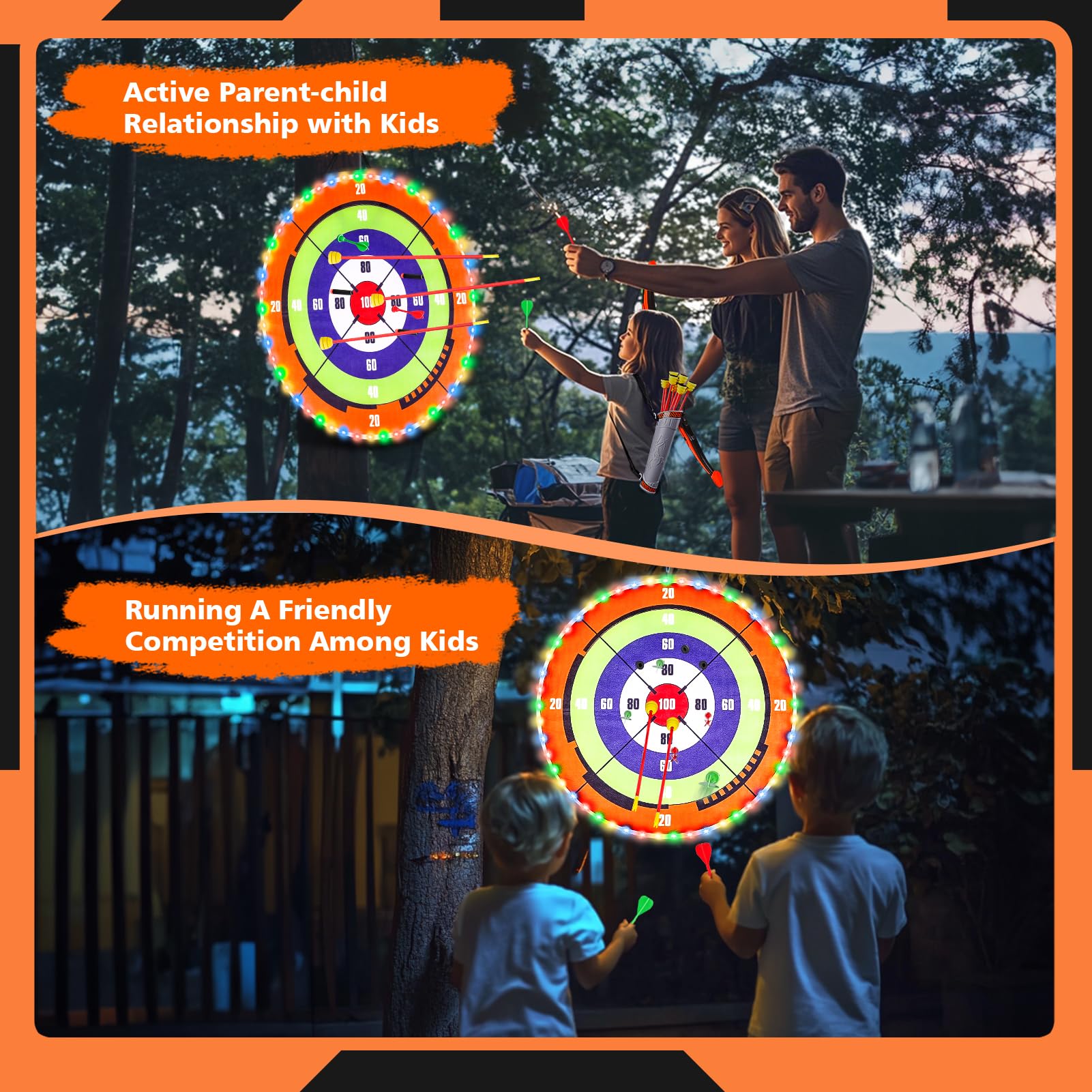 Set di Arco e Frecce per Bambini, Set di tiro con Arco a LED con Grande Bersaglio per Bambini. Include 10 frecce adesive, faretra, 10 proiettili in Velcro, 6 Freccette, ECC.