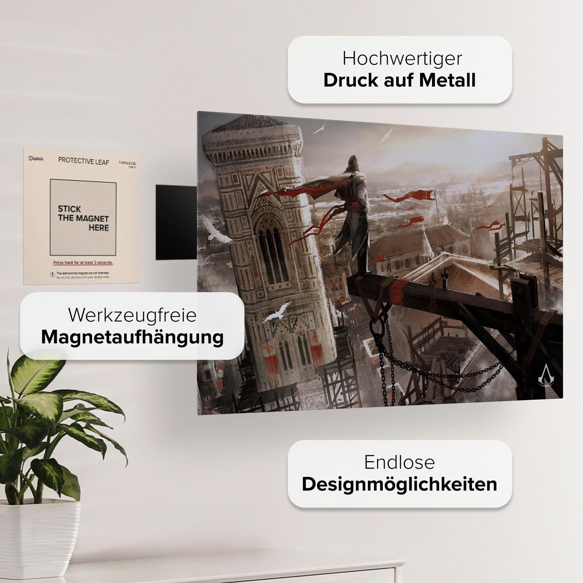 Displate - Poster aus Metall - Einfache Montage ohne Bohren - Assassin's Creed - AC Concept Art - Leap of Faith - Größe M - 32 x 45 cm Matt
