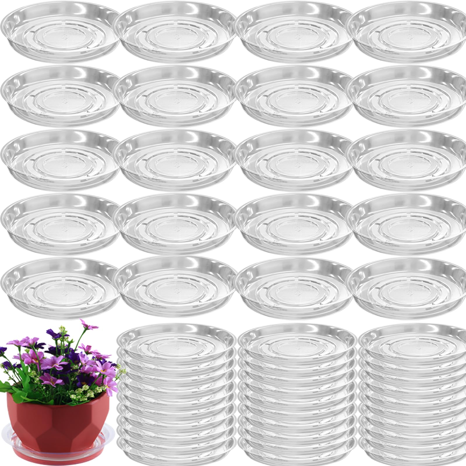 50 Packs 6" Small Clear Plant Saucers for Indoor Outdoor Use Heavy Duty Plastic Plant Trays for Planter Bulk Lower Pot Drip Trays to Catch Water, 4 to