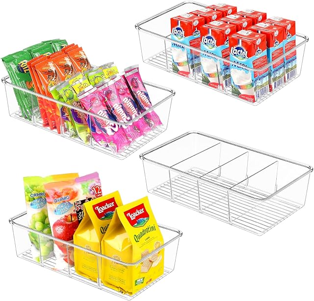 ZIZOTI Boîtes de rangement de l'organisateur de Pantry Clear 4 Pack plastique amovible Snack Organizer Pantry Organization Ranger Racks avec séparateurs amovibles, parfait pour les collations, paquets, épices, cuisine, armoires