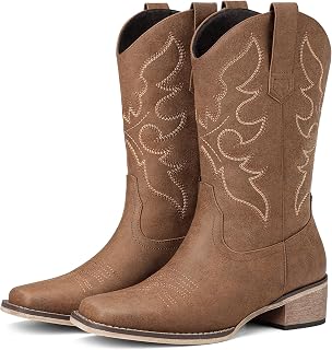 Cowboy Boots for Women Square Toe Wide Calf Mid Calf Cowgirl Boots
