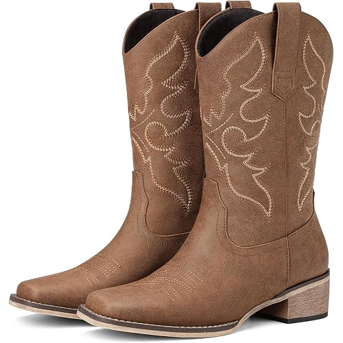 Cowboy Boots for Women Square Toe Wide Calf Mid Calf Cowgirl Boots