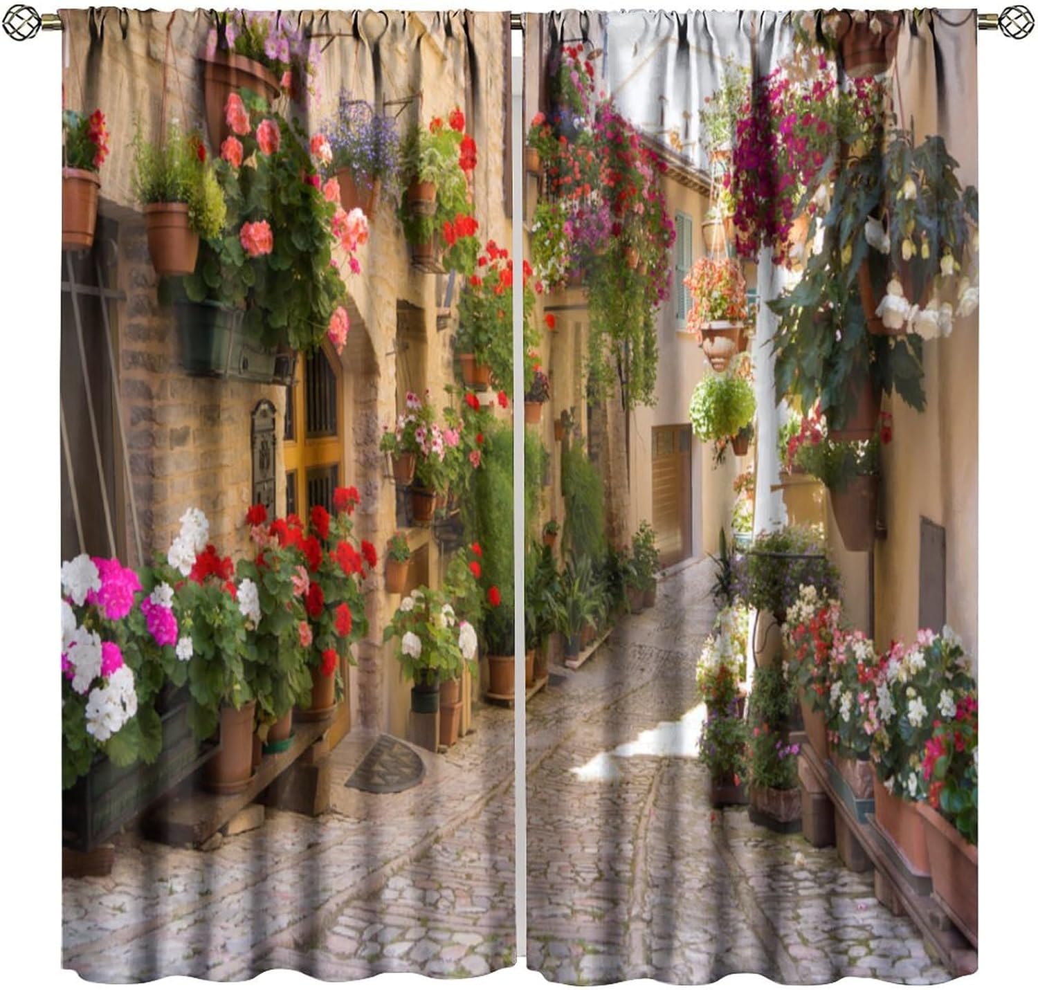 Italian Street Blackout Window Curtain Outdoor Mediterranean Tuscan Flower Green Leaf Country Spring Summer Renaissance for Home Kitchen Livingroom Coffee Room Window Curtain 2Panel 42"W X 45"L