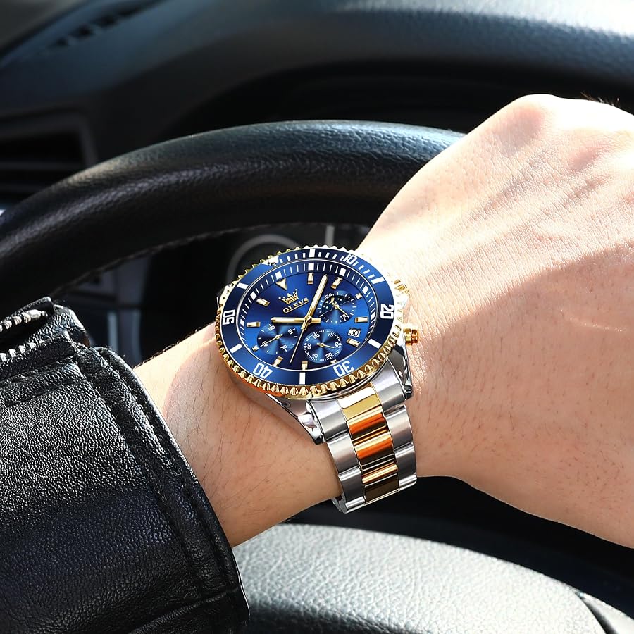 OLEVS Orologio da Uomo Lusso Grande Quadrante Nero Quarzo Business Argento Acciaio Cronografo Impermeabile Elegante Luminoso Data Analogico Multifunzione