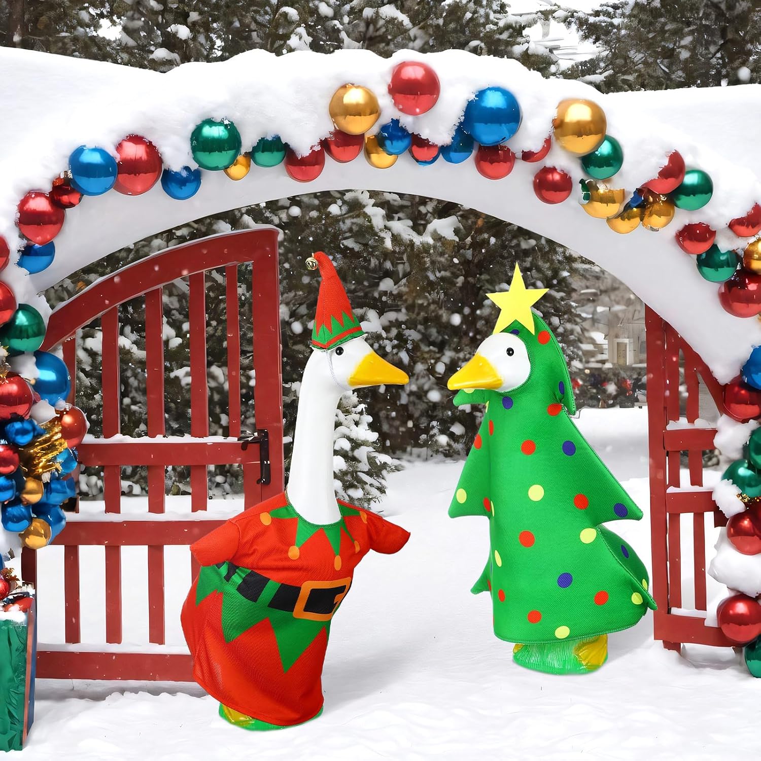 Condition photo showing New/Like New for frienda 2 set christmas goose clothes outfits for 23" high cement or plastic lawn clothing santa claus porch clothes christmas tree lawn outfit, garden goose costume
