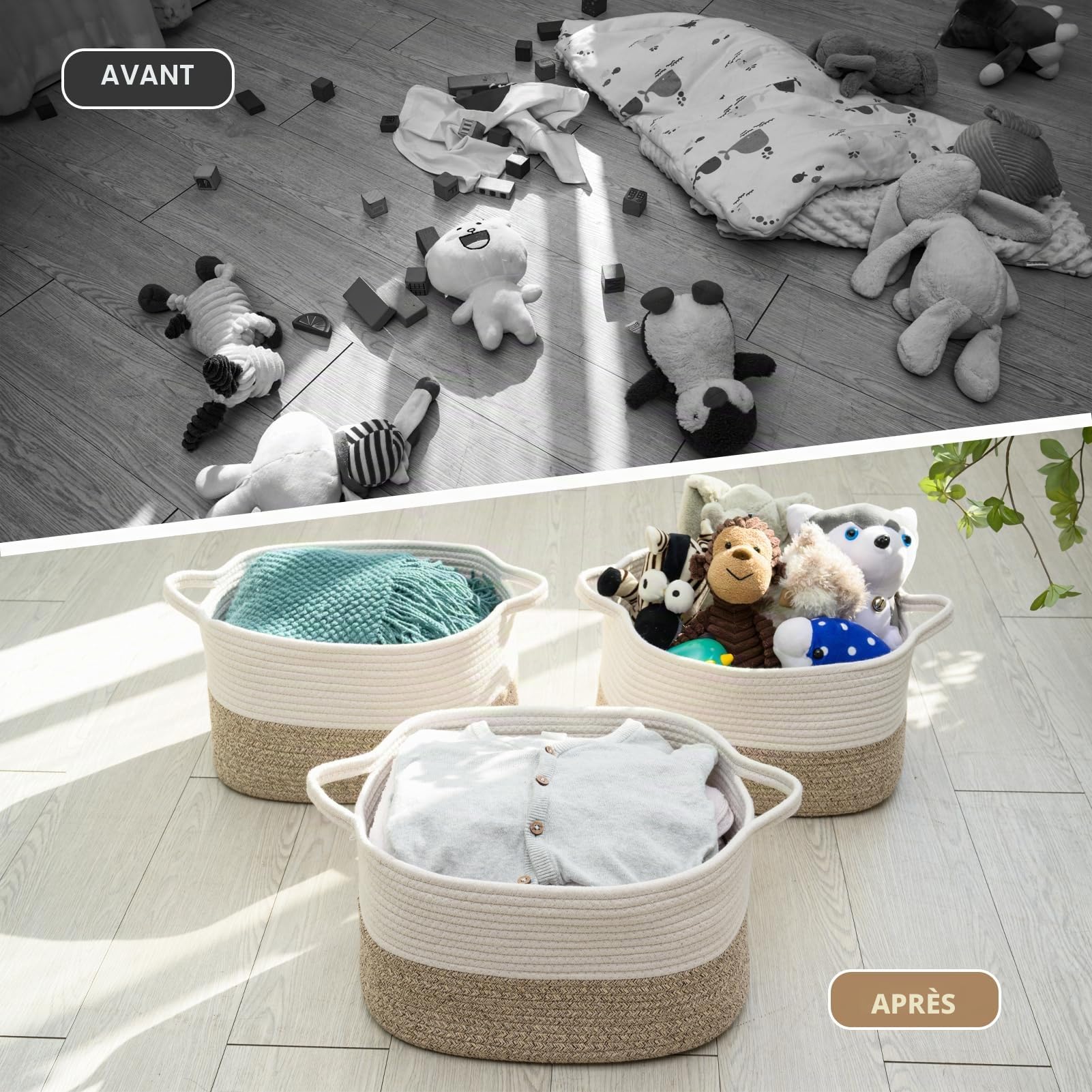 Lot de 3 paniers de rangement tissés en corde de coton - Utilisés pour les paniers cadeaux - Panier à linge pour enfants - Dimensions : 38 x 25 x 22 cm