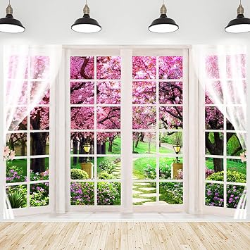 Spring Window Backdrop Pink Cherry Blossom Trees Garden Nature Scenery Photography Background for Portraits Party Decorations Banner Wallpaper Supplies Photo Studio Photobooth Props 7x5ft