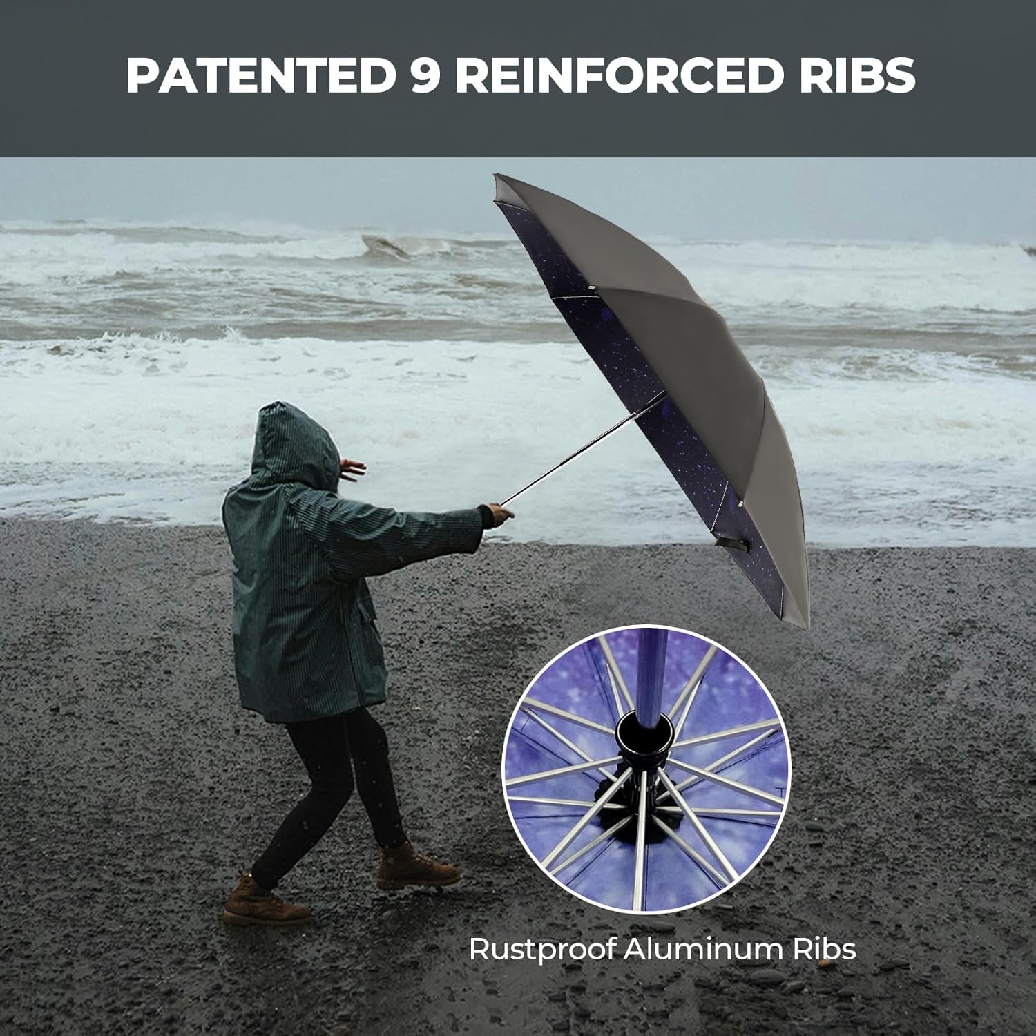 Compact Inverted Travel Umbrella, Automatic Open Close, 9-Rib 46 Inch Windproof Umbrella, Waterproof UPF 50+, Portable Umbrellas for Men, Women, Travel, and Daily Use - Image 3