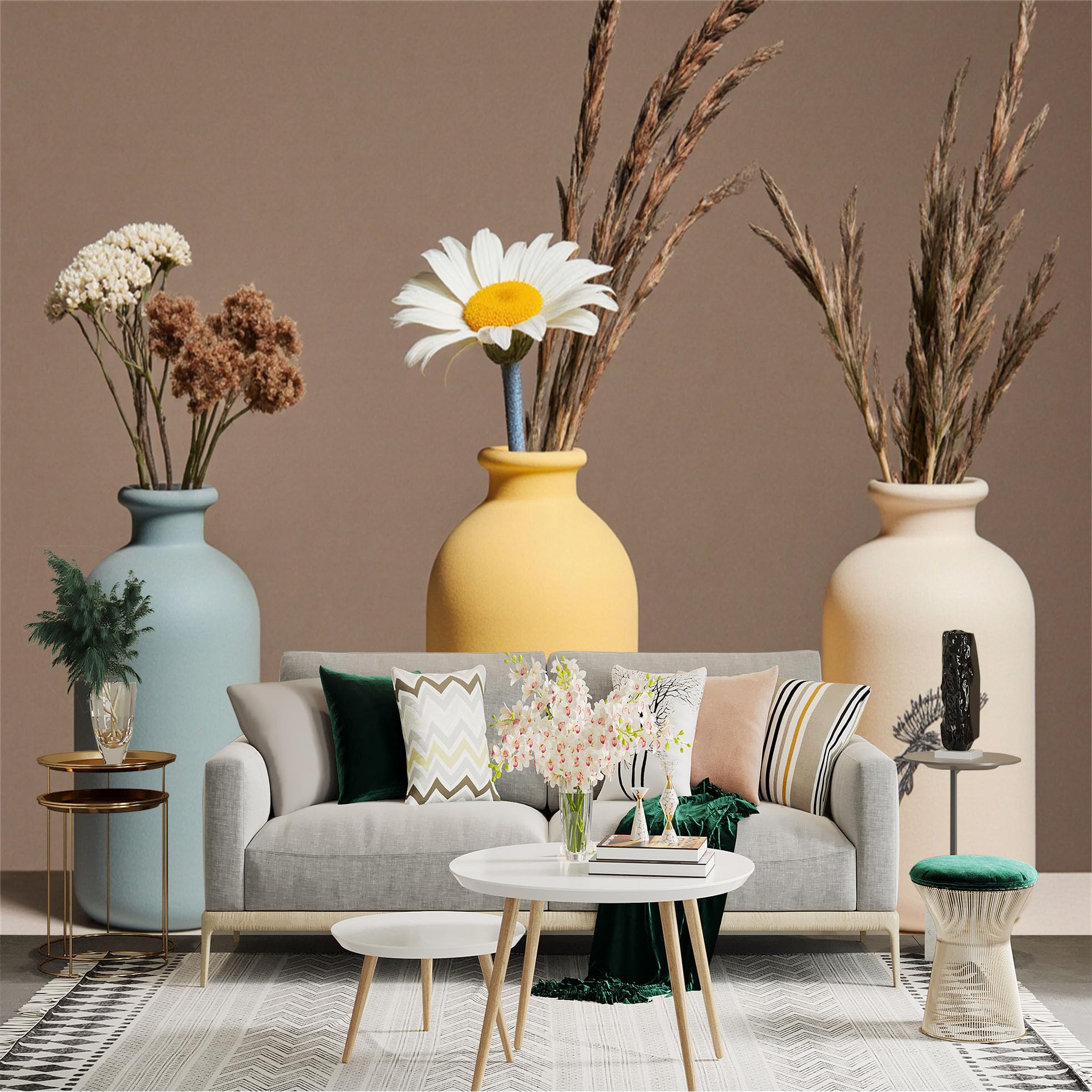 Custom Size Wall Sticker Mural， Modern Minimalist Ceramic Vases with Dry Flowers， Aesthetic Botanical Arrangement， for wall Decoration， peelandstick wall Decals.