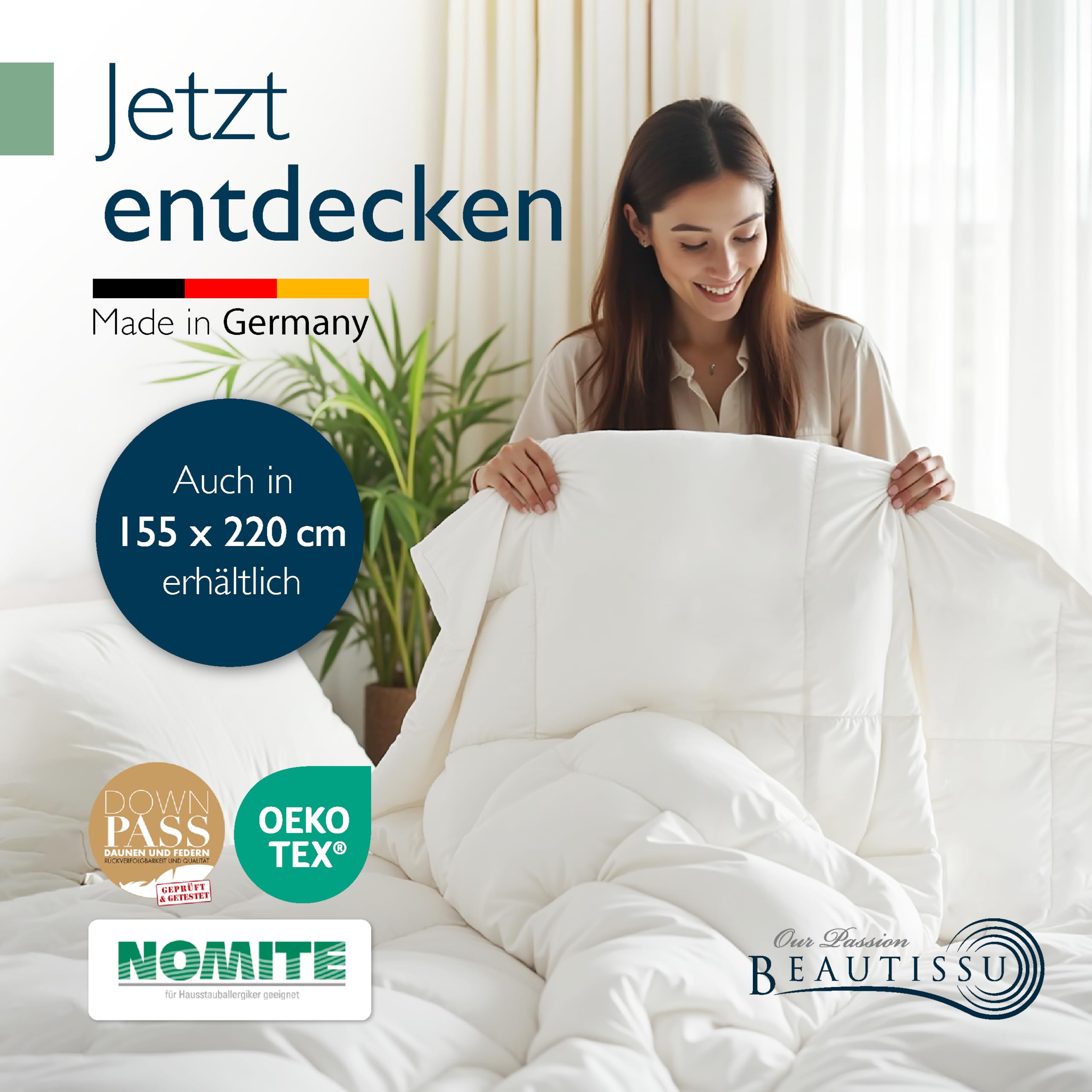 Beautissu Ganzjahresdecke Federbettdecke mit Daunen Federn Downpass Nomite | 135x200cm 100% Baumwollbezug Daunendecke waschbar Oeko-Tex Zertifiziert Ganzjahresbettdecke GF