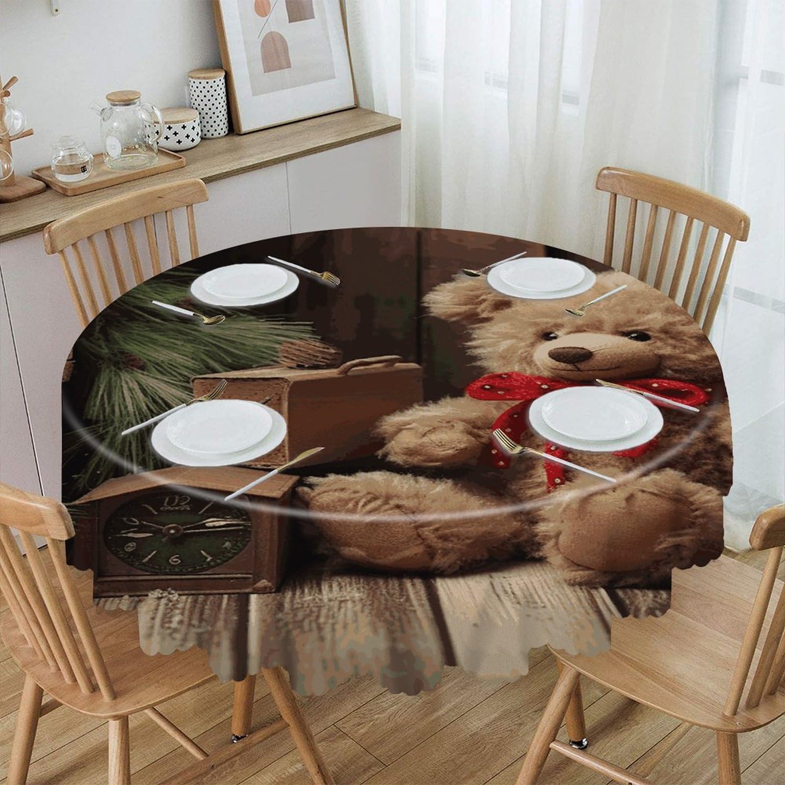 VstaDank Xmas Tree Branch Bear Doll Round Tablecloth 60 Inch Easy to Clean Circle Table Cover Thick Decorative Round Polyester Table Cloth for Dining Kitchen Party Farmhouse Outdoor