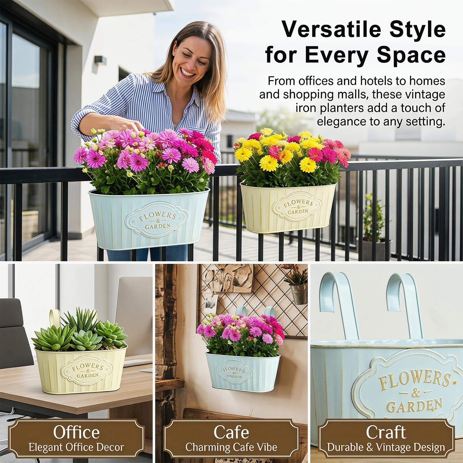 FARYODI 4 pezzi vasi da fiori pensili in metallo, 27,5 cm, vasi pensili per piante, secchi per fiori pensili, vaso da fiori pensile per ringhiera del balcone, recinzione, giardino