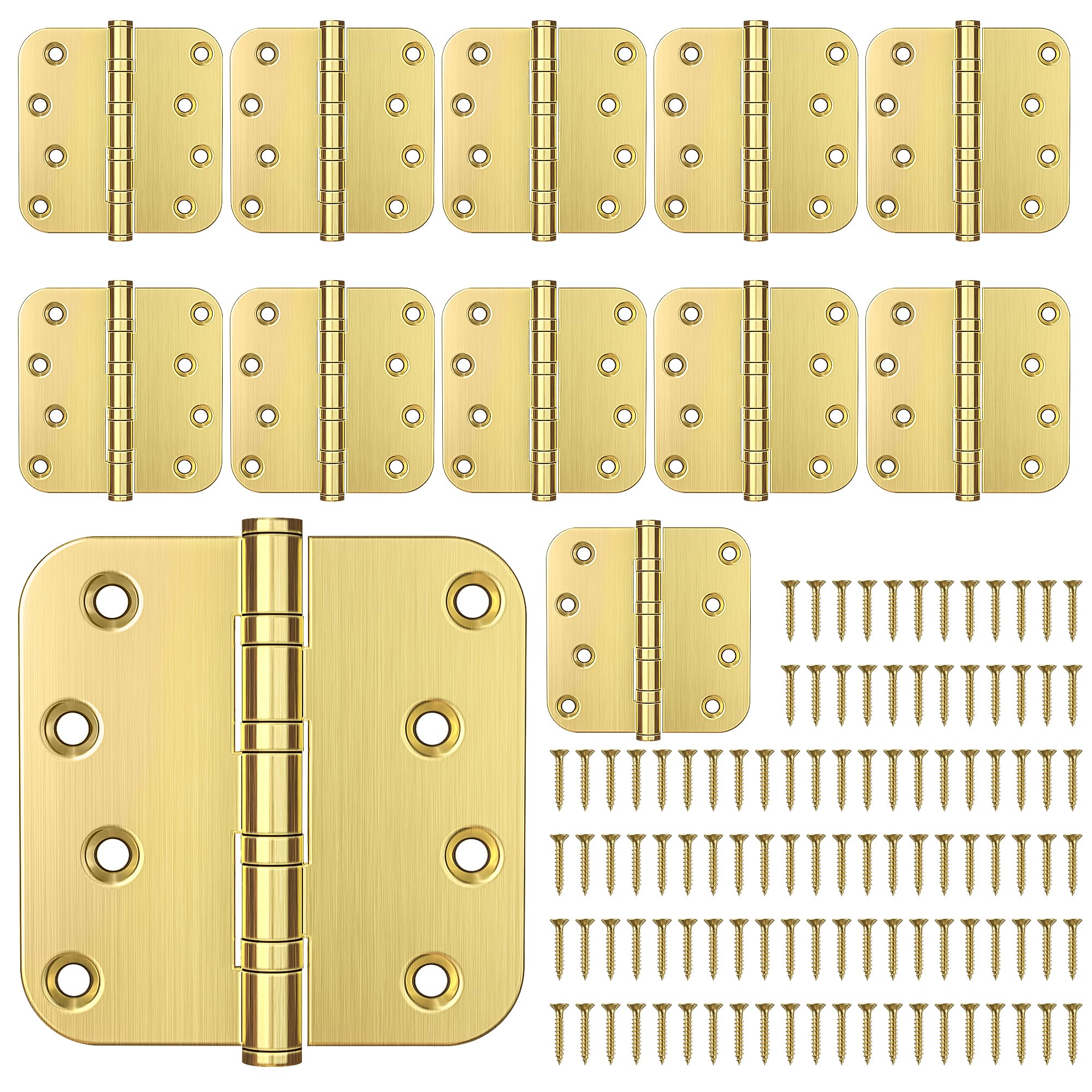 KOLET 4 Inch Brushed Gold Ball Bearing Door Hinges 5/8'' Radius 12 Pack