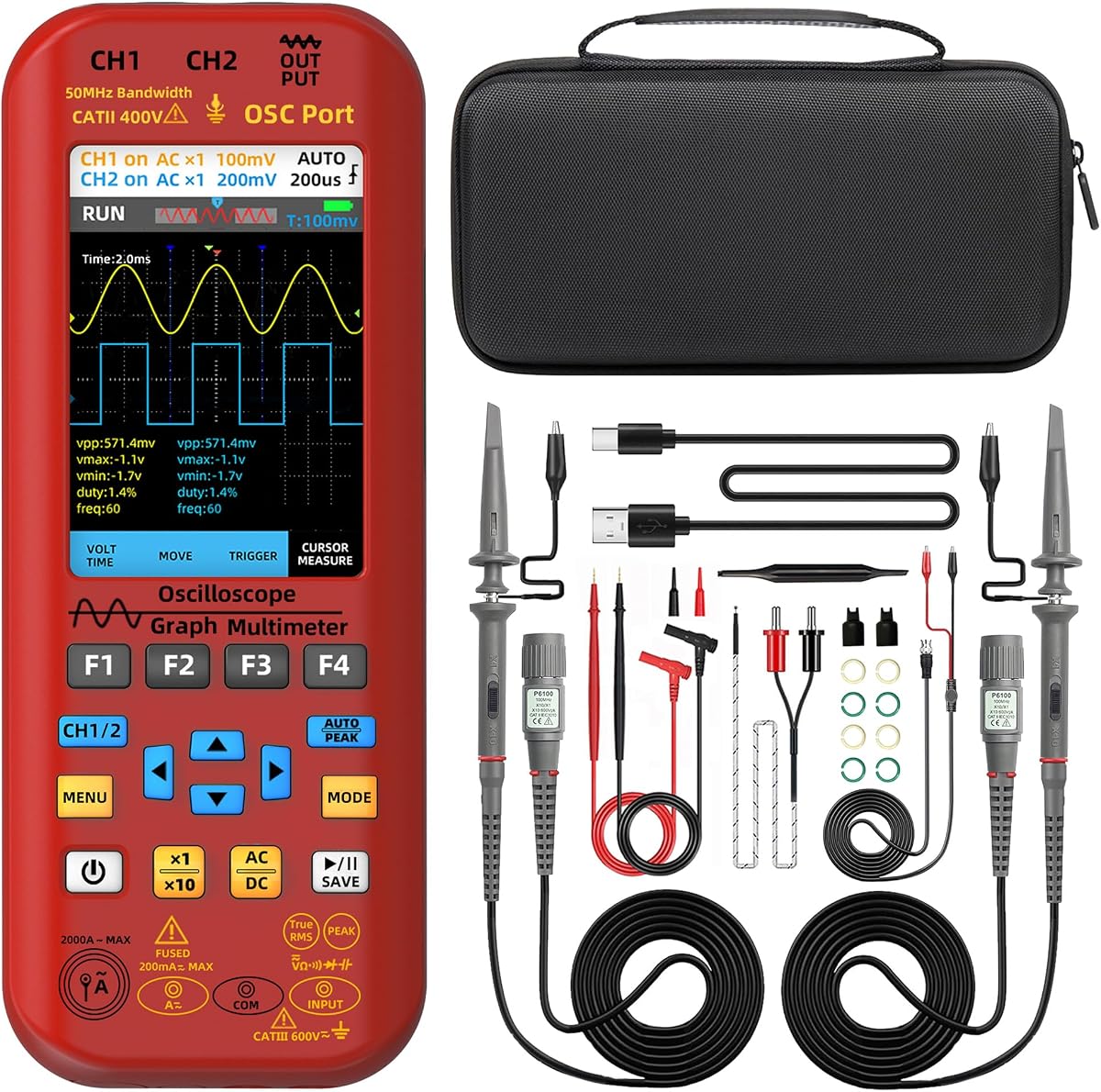 Multímetro de osciloscopio portátil, 2 canales de ancho de banda de 50 MHz con LCD TFT de 3,98 pulgadas, generador DDS recargable de 20000 cuentas, abrazadera de CA flexible, voltaje de diodo de tapa de amplificador de temperatura para bricolaje automotriz