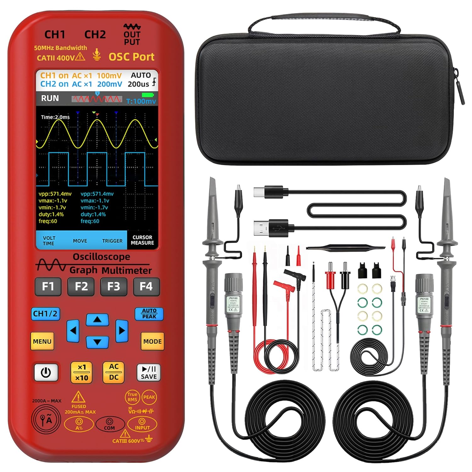 BSIDE 2 Channels Handheld Oscilloscope Multimeter, 50MHz Bandwidth with 3.98" TFT LCD, 20000 Counts Rechargeable DDS Generator, Measure Flexible AC Clamp, Temp Amp Cap Diode Voltage for Electronic DIY