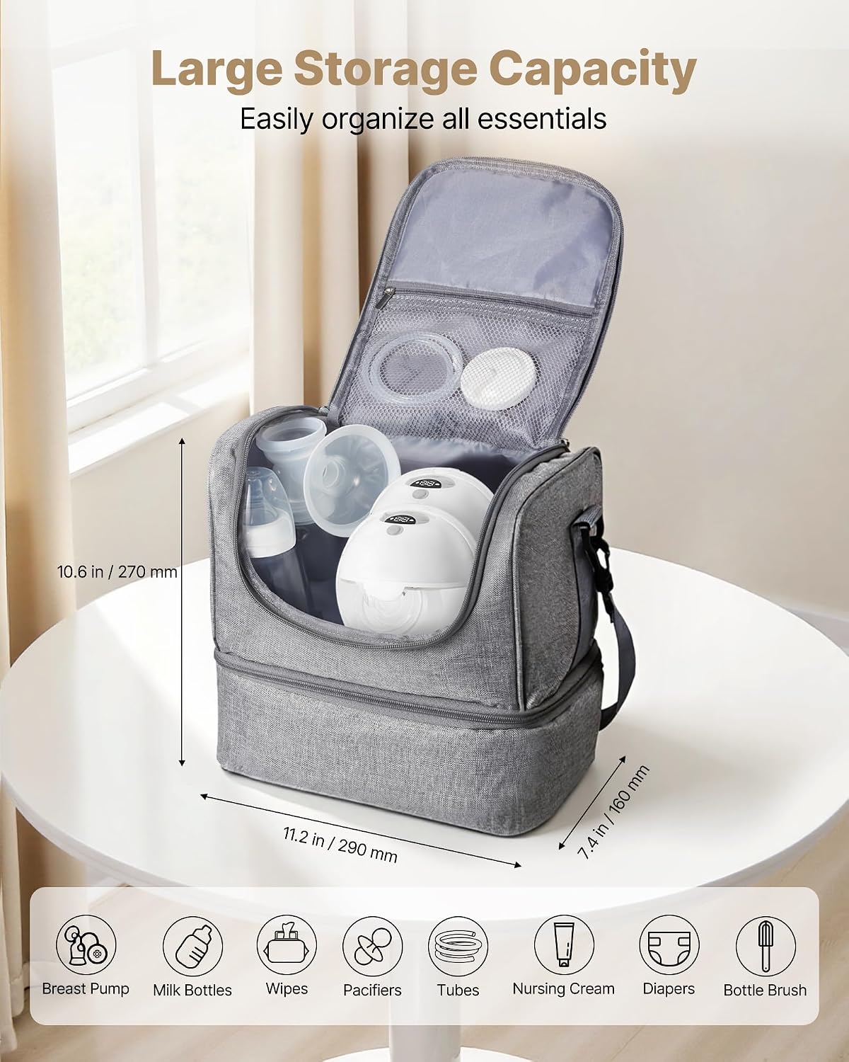 VEVOR Breast Pump Bag, Breast Feeding Bag with Ice Pack, Compatible with Momcozy, Medela & Elvie Pumps, Portable Pump Carrying Case for Breastmilk Storage, Work, Travel and Family Use, Grey