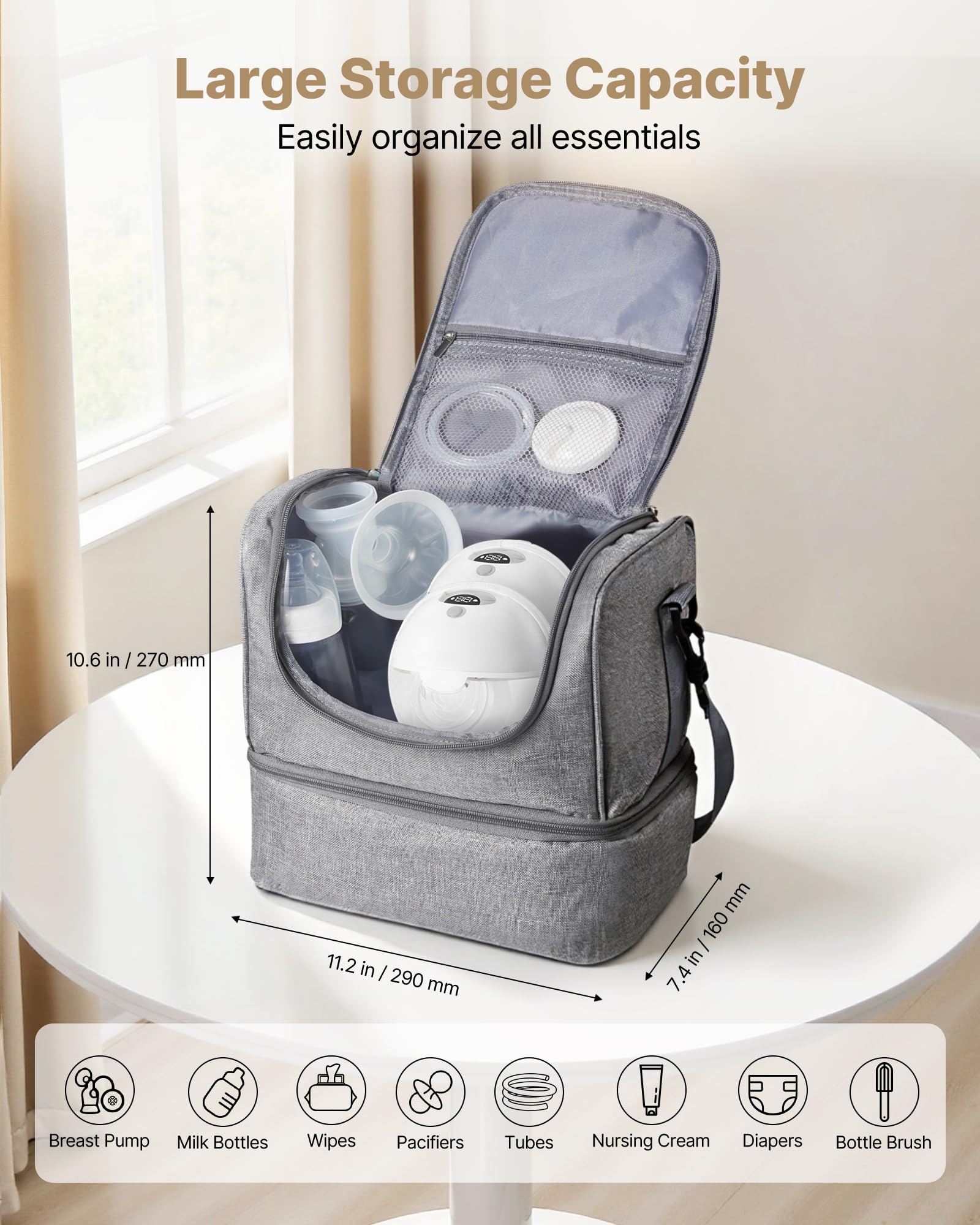 VEVOR Sac pour Tire-Lait S1/S2 Sac Isotherme Conservation Lait Maternel Portable avec Pain de Glace, Bandoulière, Tapis Imperméable, Étui Transport pour Stockage Biberons Lait, Travail, Voyages, Gris